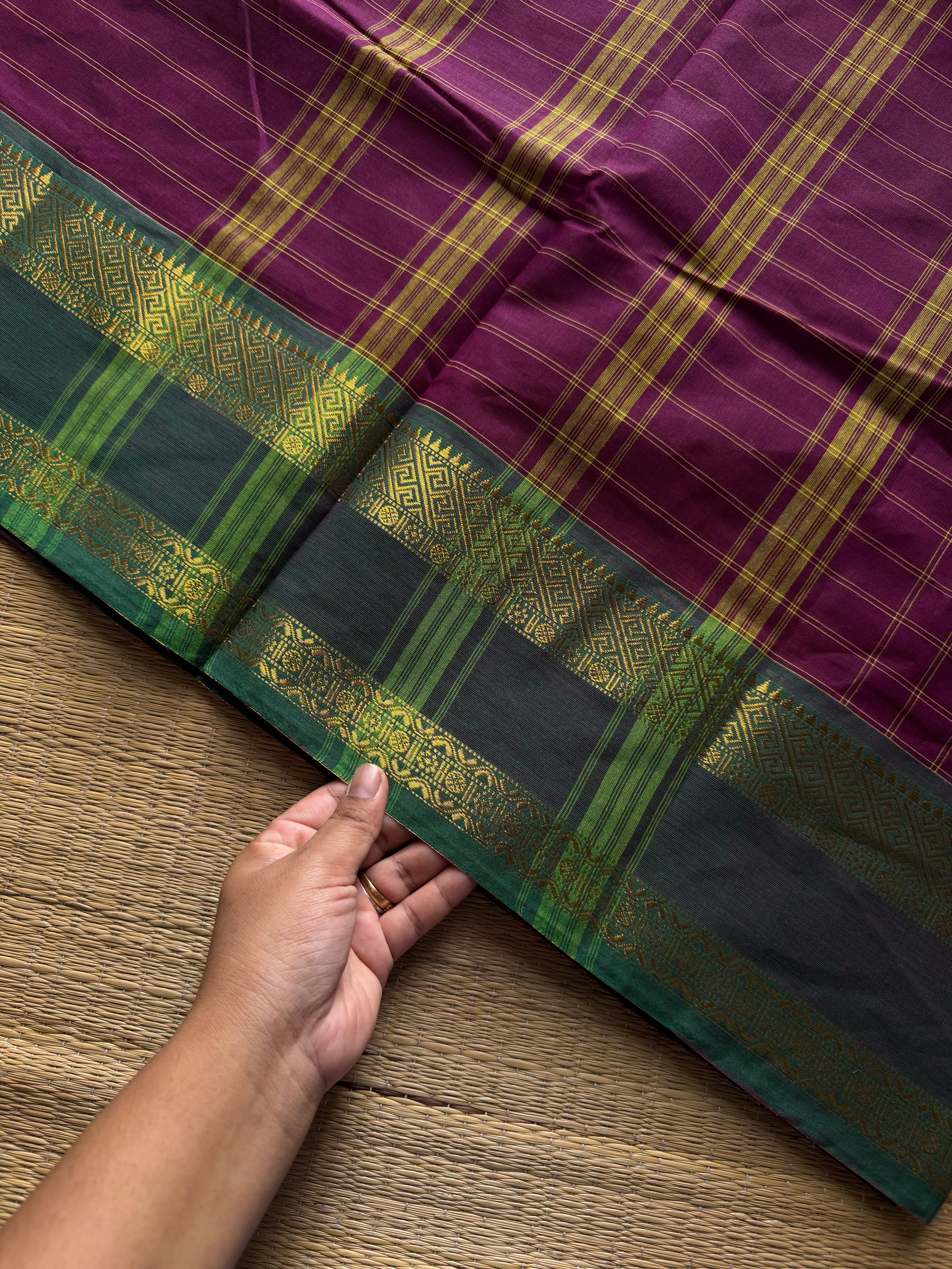 RF1153 Vintage Kattam ~ Magenta pink with green combination Kanchi cotton saree