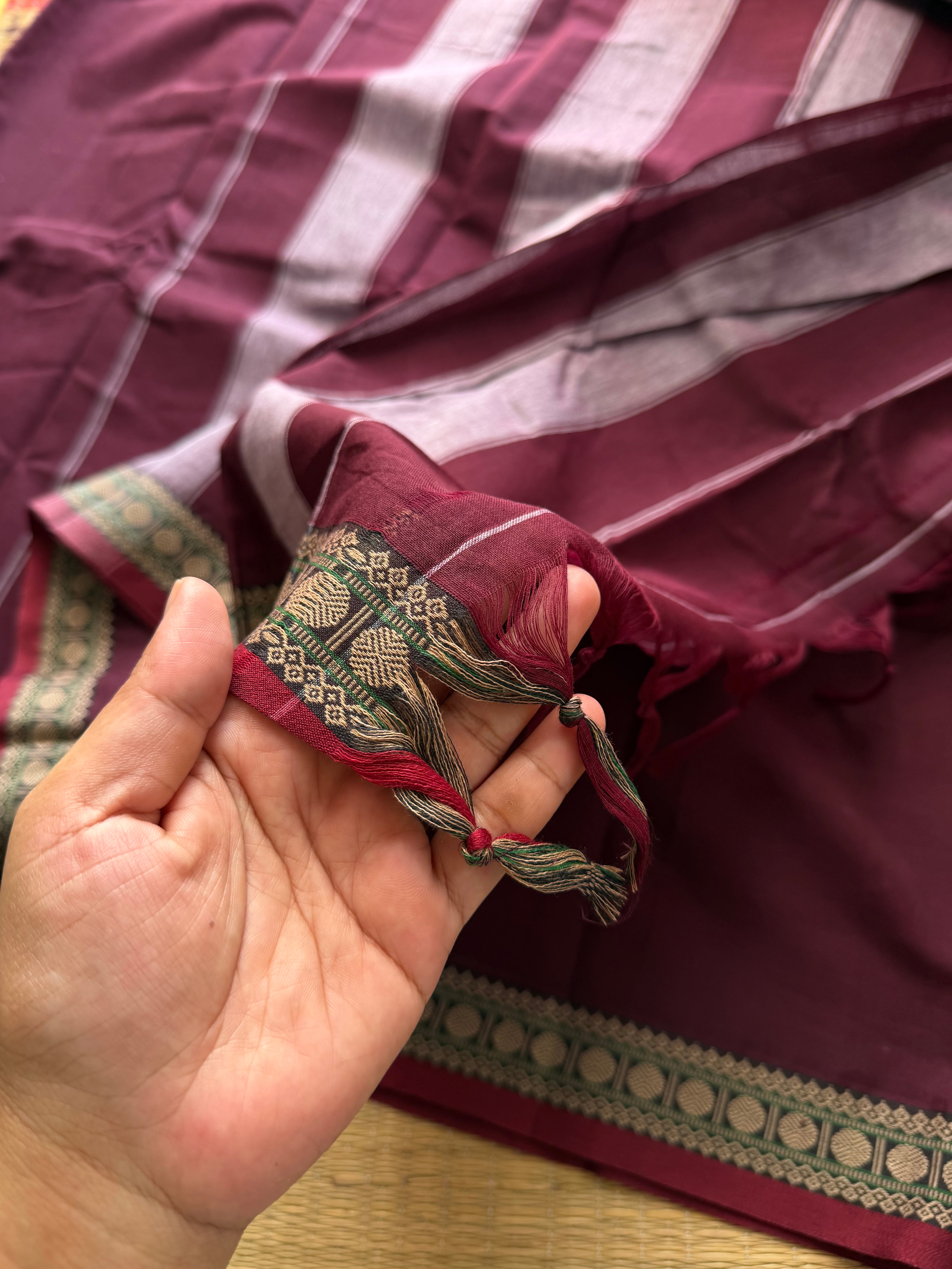 RF431 Dark Maroon Shade Mercerised Narayanpet Cotton Saree With Small Thread Border