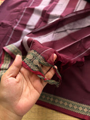 RF431 Dark Maroon Shade Mercerised Narayanpet Cotton Saree With Small Thread Border