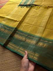RF531 Light mustard yellow with green combination Kanchi cotton saree