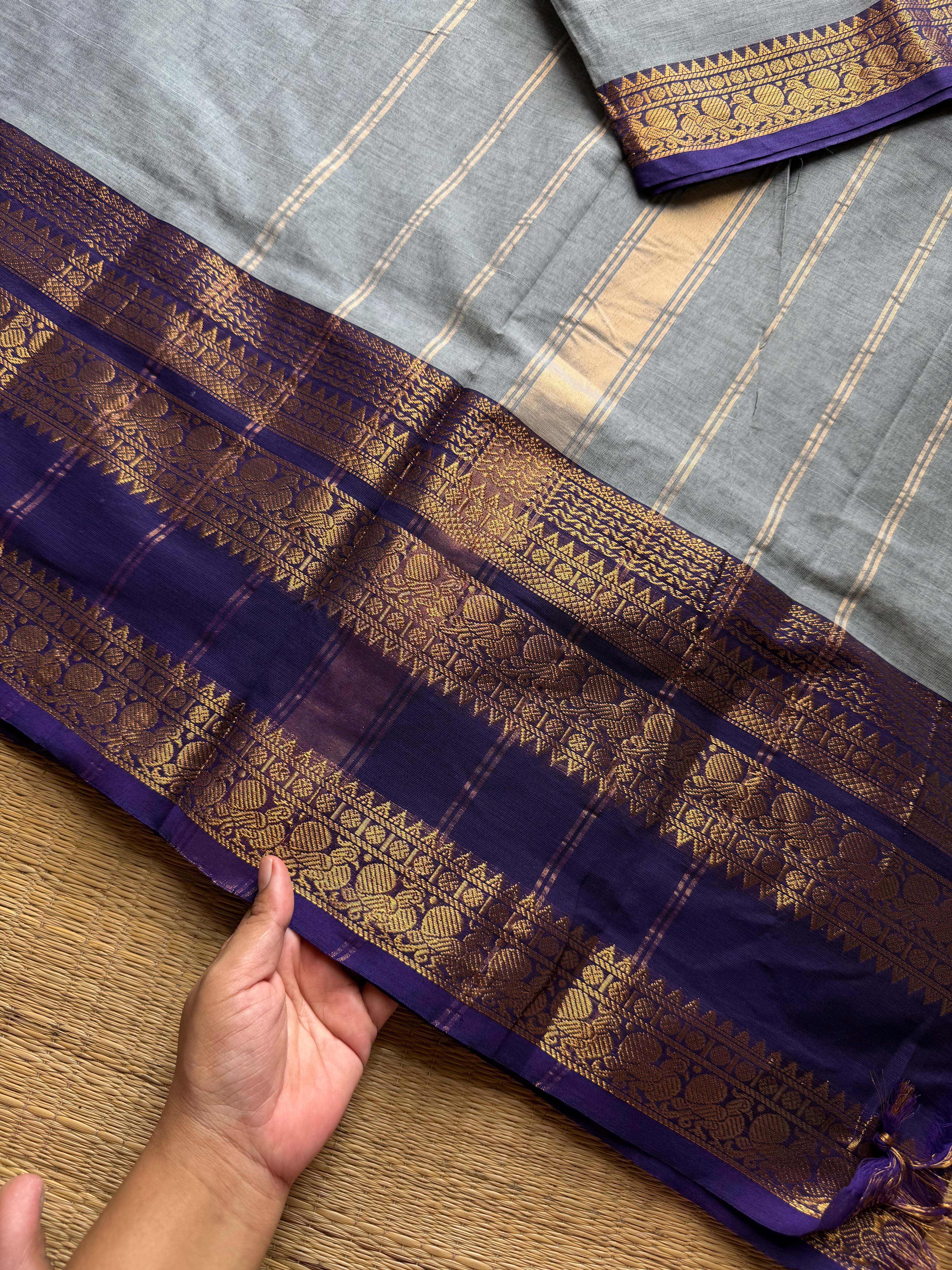 RF1301 Light grey with dark purple combination Kanchi cotton saree with long / big border