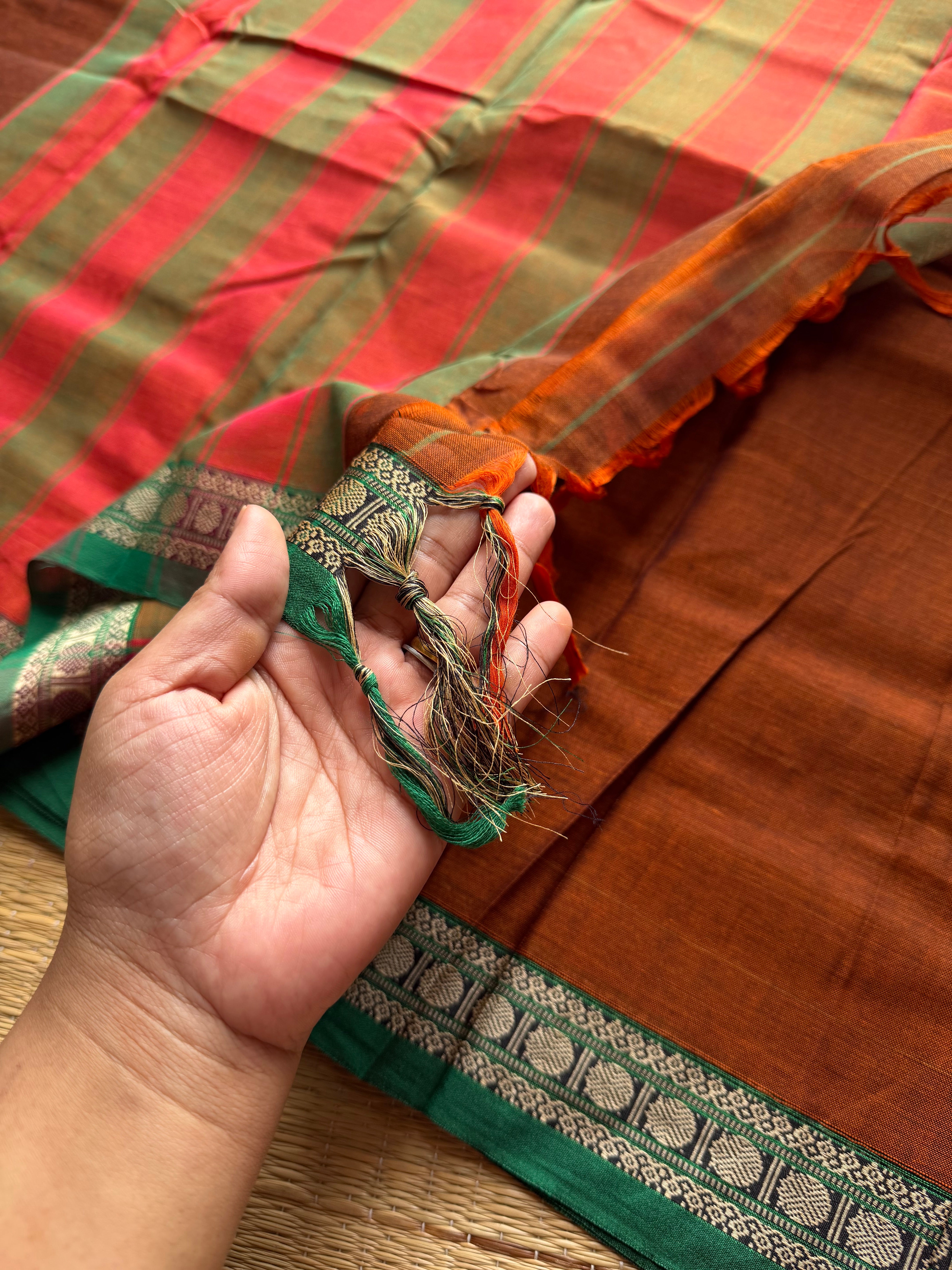 RF559 Dark honey shade Mercerised Narayanpet cotton saree with contrast small border