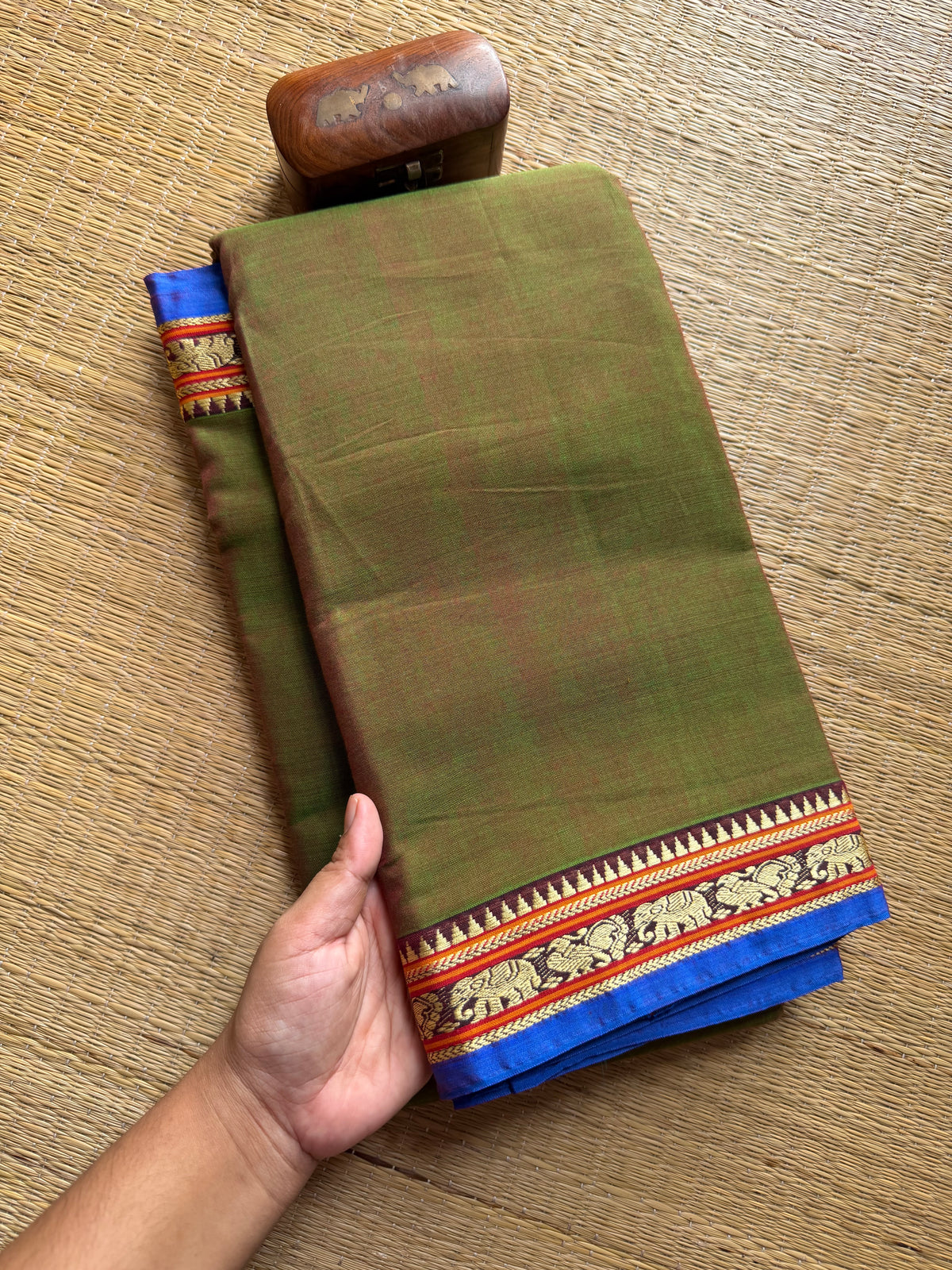 RF321 Dual tone Olive Green Shade Mercerised Narayanpet Cotton Saree With Small Annam and elephant pattern border