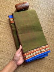 RF321 Dual tone Olive Green Shade Mercerised Narayanpet Cotton Saree With Small Annam and elephant pattern border