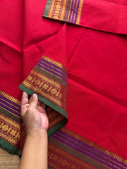 RF397 Red Shade Kanchi Cotton Saree with multi color contrast border
