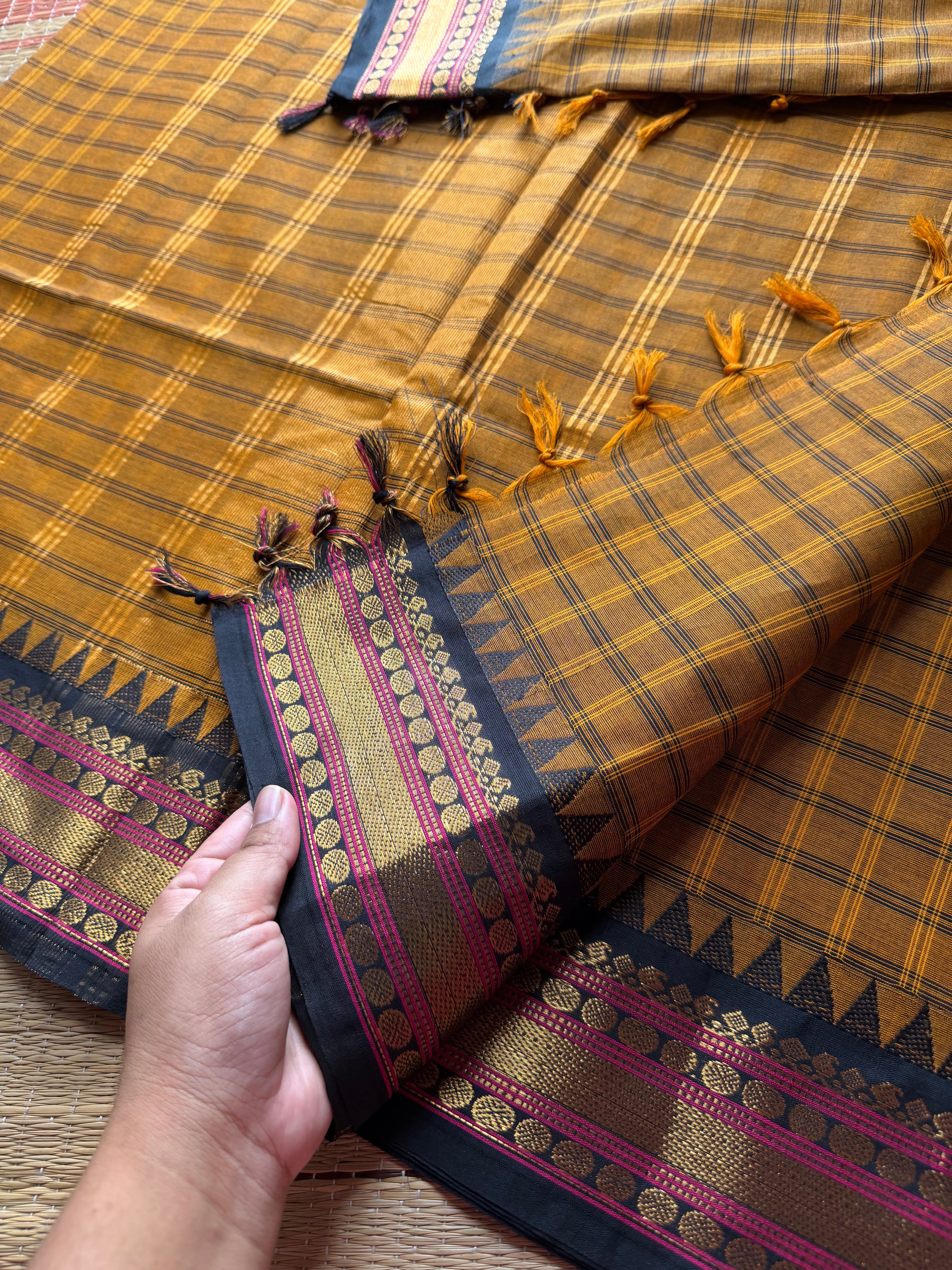 RF367 Mustard with black combination Kattam / checks pattern Kanchi cotton saree