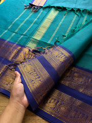 Peacock blue shade Kanchi cotton saree with Rettapet border