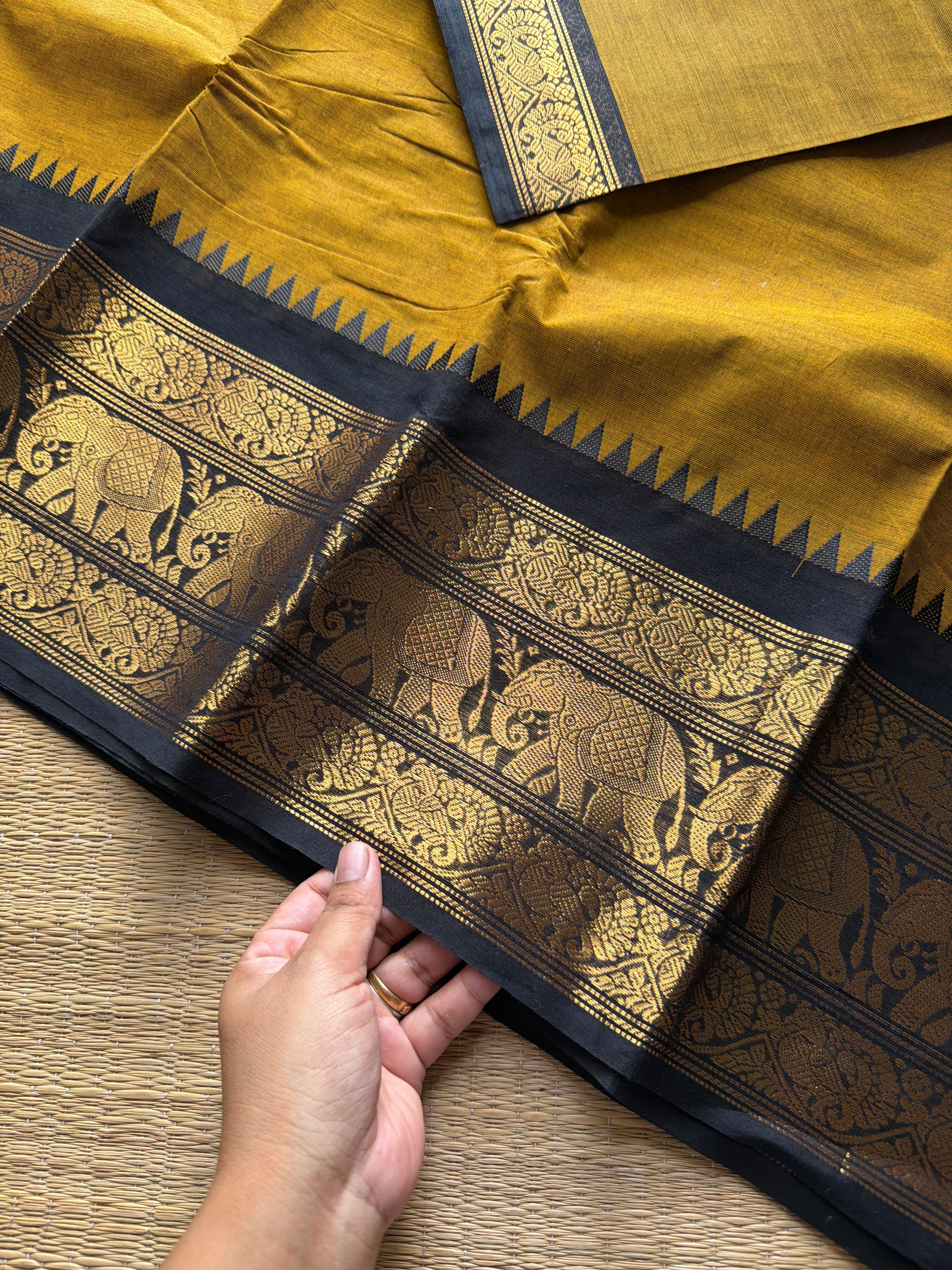 RF964 Mustard with black combination Kanchi cotton saree