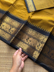 RF964 Mustard with black combination Kanchi cotton saree