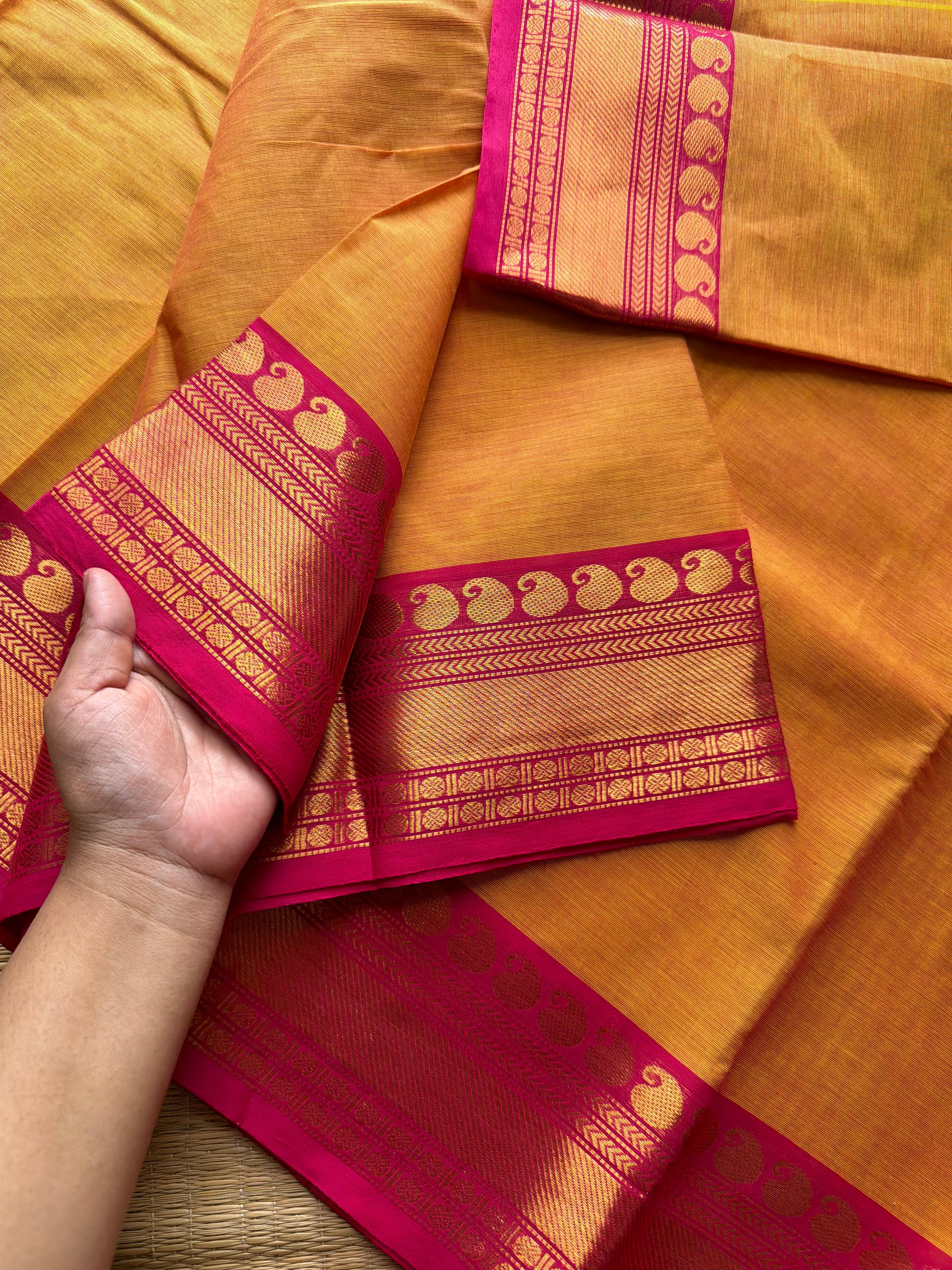 RF506 Dark mango shade with contrast pink combination mango pattern Zari border Kanchi cotton saree