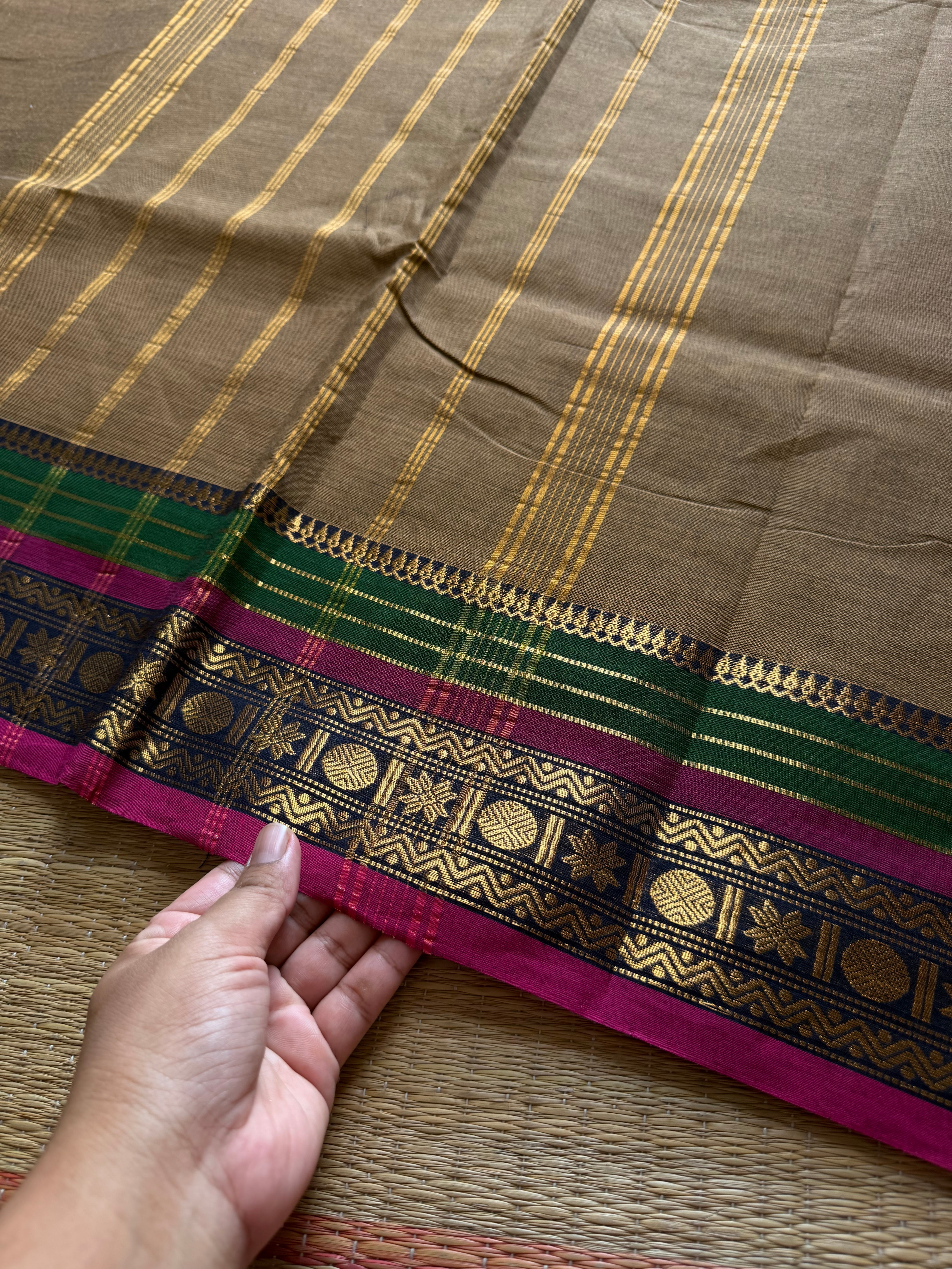 RF358 Dual tone earth Brown Shade Kanchi Cotton Saree with multi color contrast border