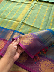 RF329 Dual tone turquoise green shade Kattam / checks pattern Kanchi cotton saree with contrast zari & thread woven border