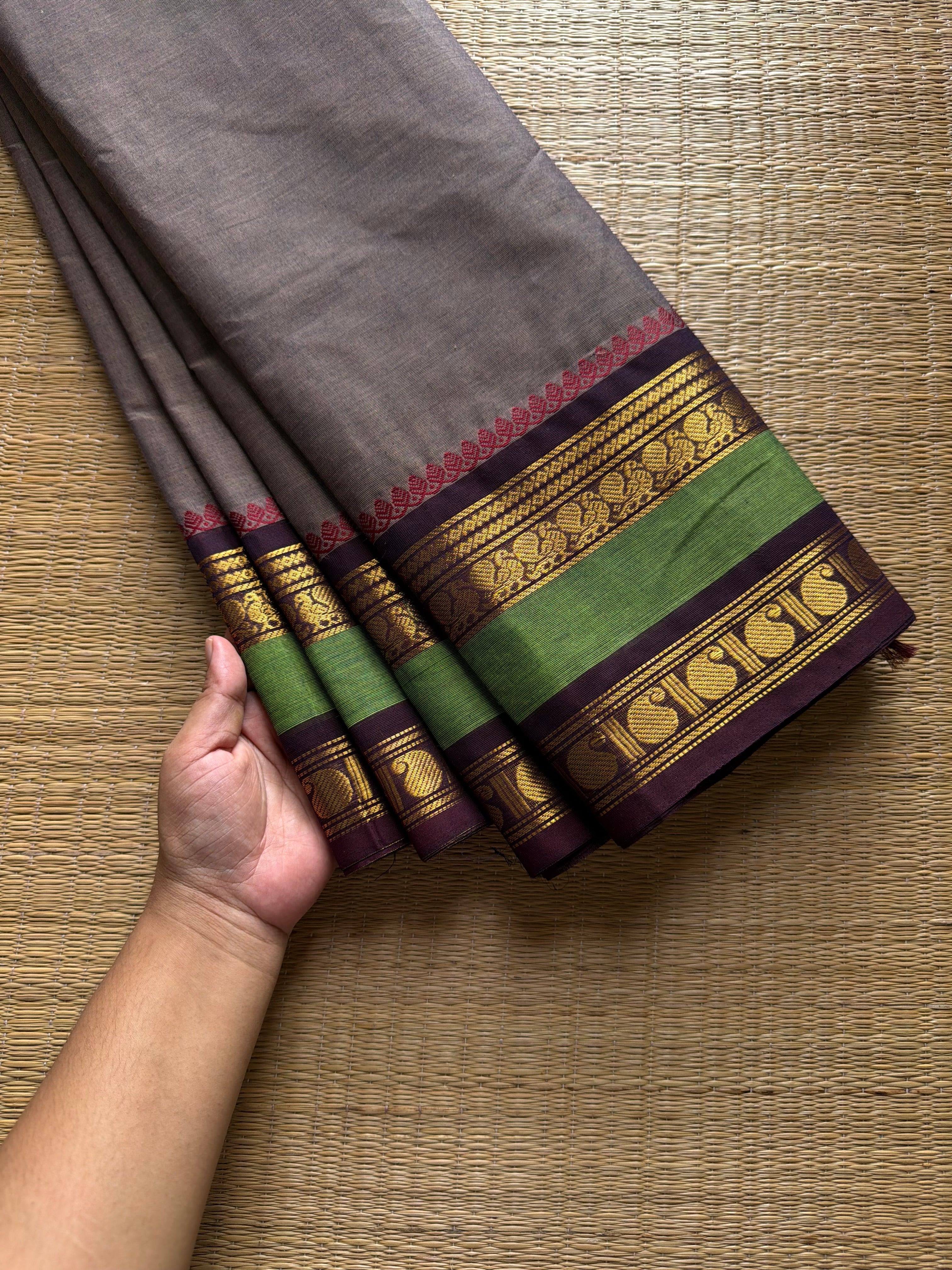 RF738 Grey shade Kanchi cotton saree with contrast Annam and mango pattern gap border