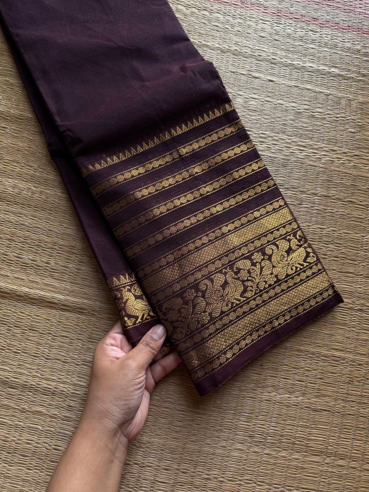 RF1414 Monotone deep coffee brown Varisaipet border Kanchi cotton saree