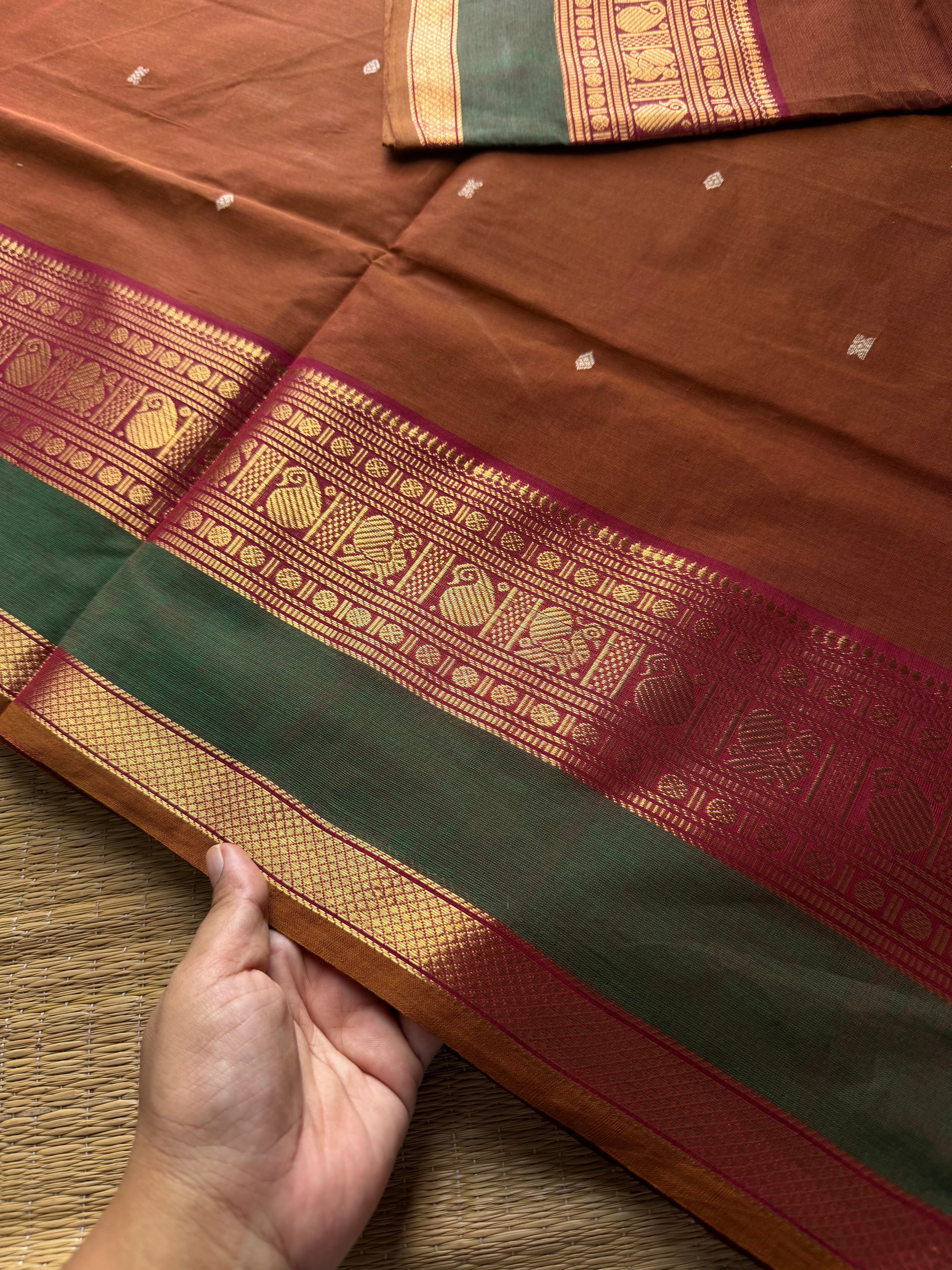 RF817 Honey shade Kanchi cotton saree with handmade thread buttas