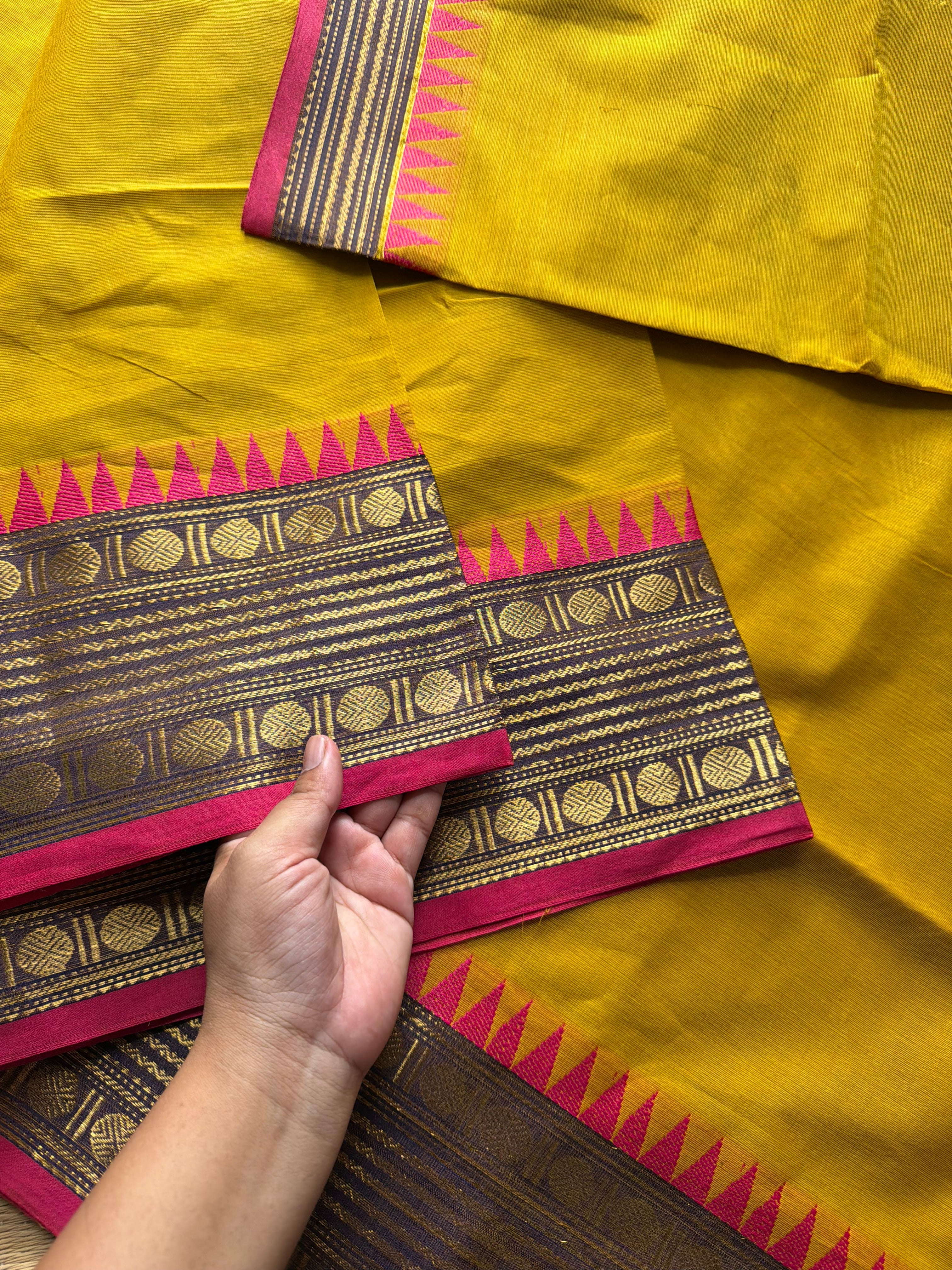 Mustard yellow Kanchi cotton saree unique contrast border