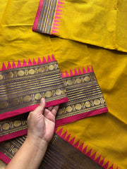 Mustard yellow Kanchi cotton saree unique contrast border