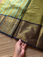 RF1367 Olive green with brown ~ Kanchi Cotton Saree
