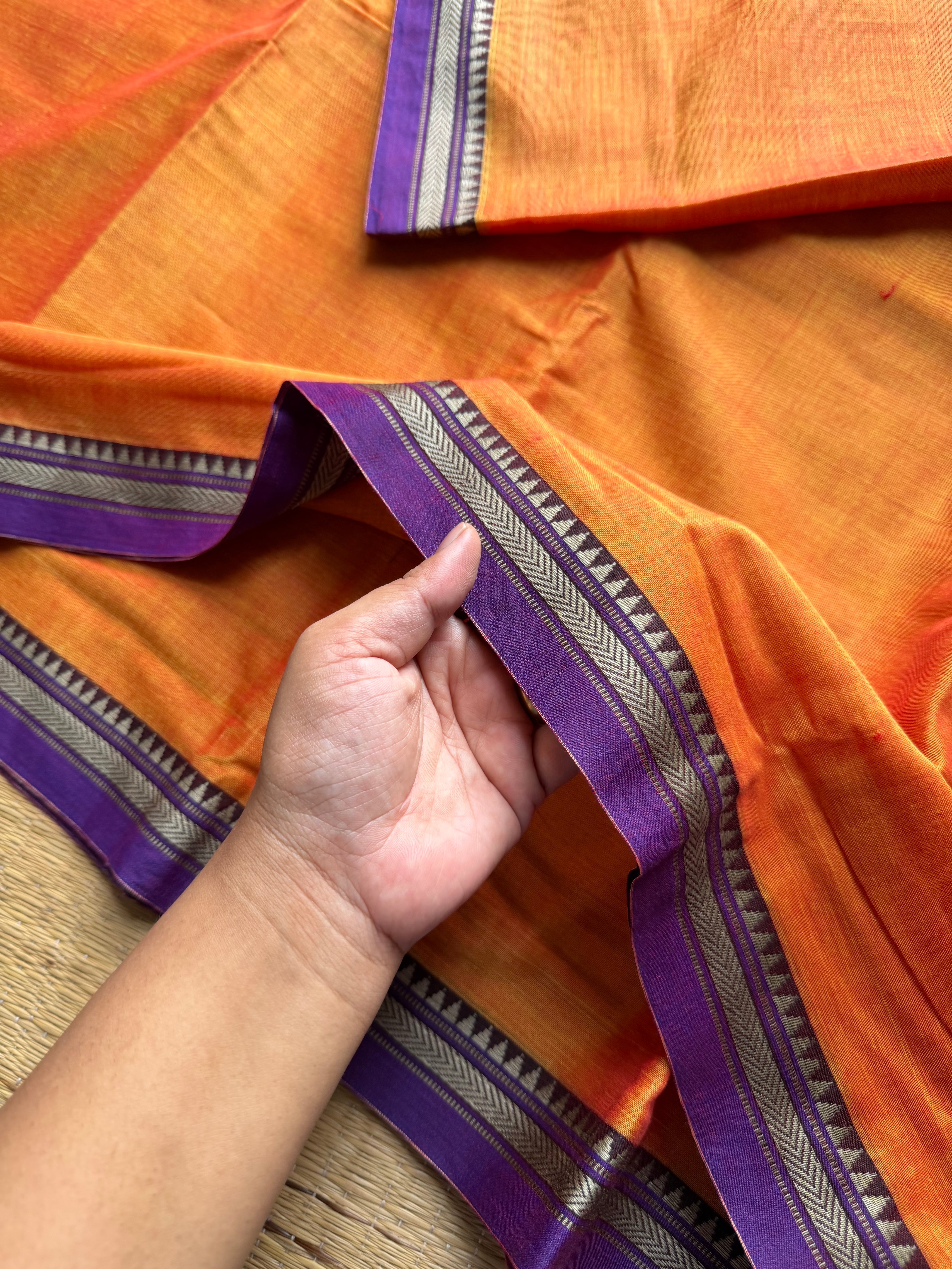RF979 Mango shade Mercerised soft Narayanpet cotton saree with small contrast thread border
