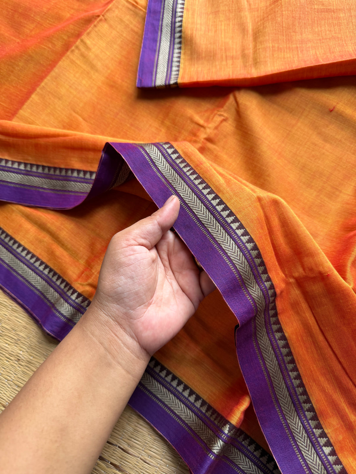 RF979 Mango shade Mercerised soft Narayanpet cotton saree with small contrast thread border