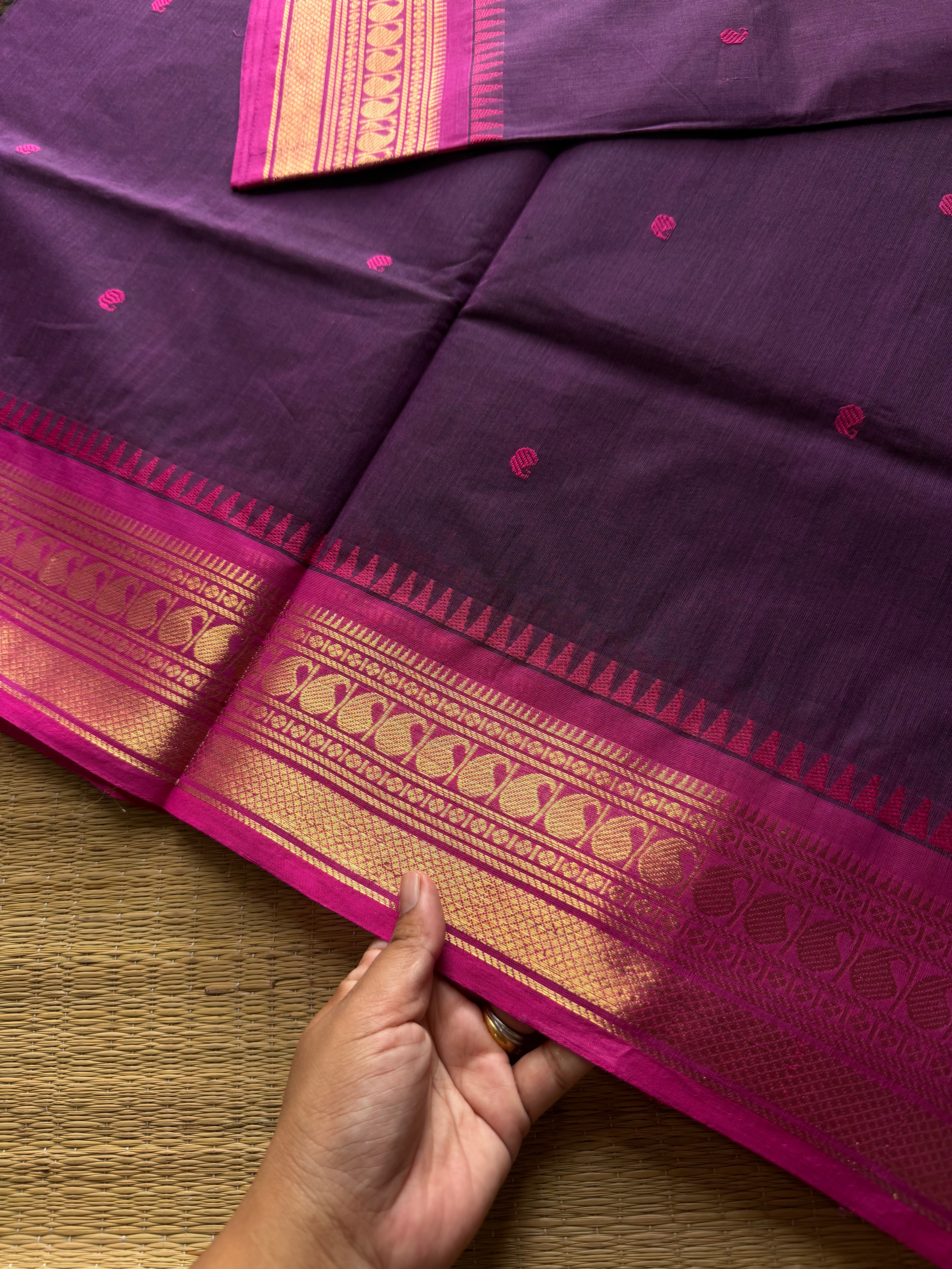 RF918 Purple ~ Kanchi cotton saree with handmade thread buttas