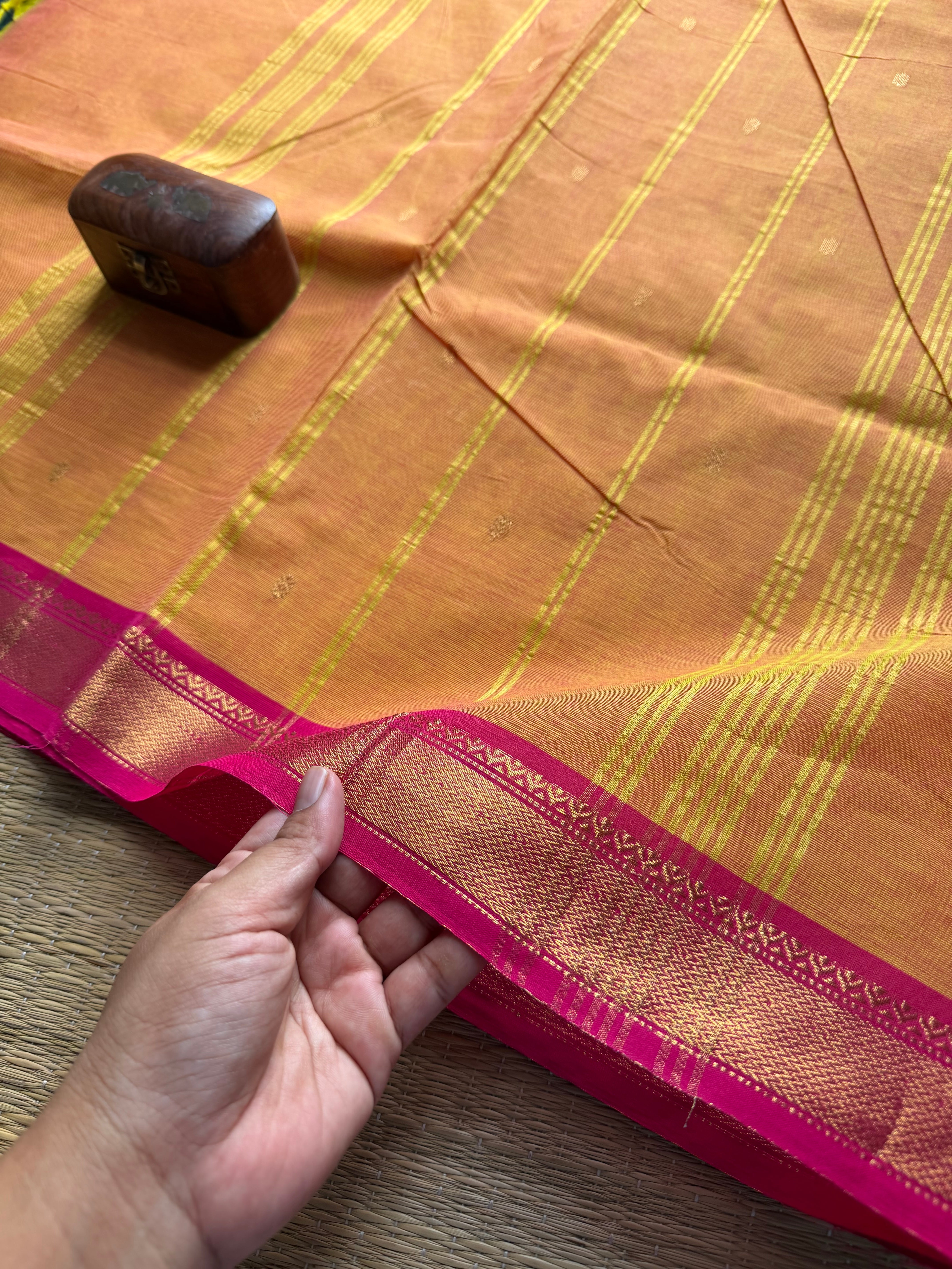 Mango shade with pink combination small border Kanchi cotton saree with handmade golden Zari Buttas