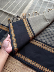 Premium & Exclusive vintage Kanchi Cotton saree ~ grey with black