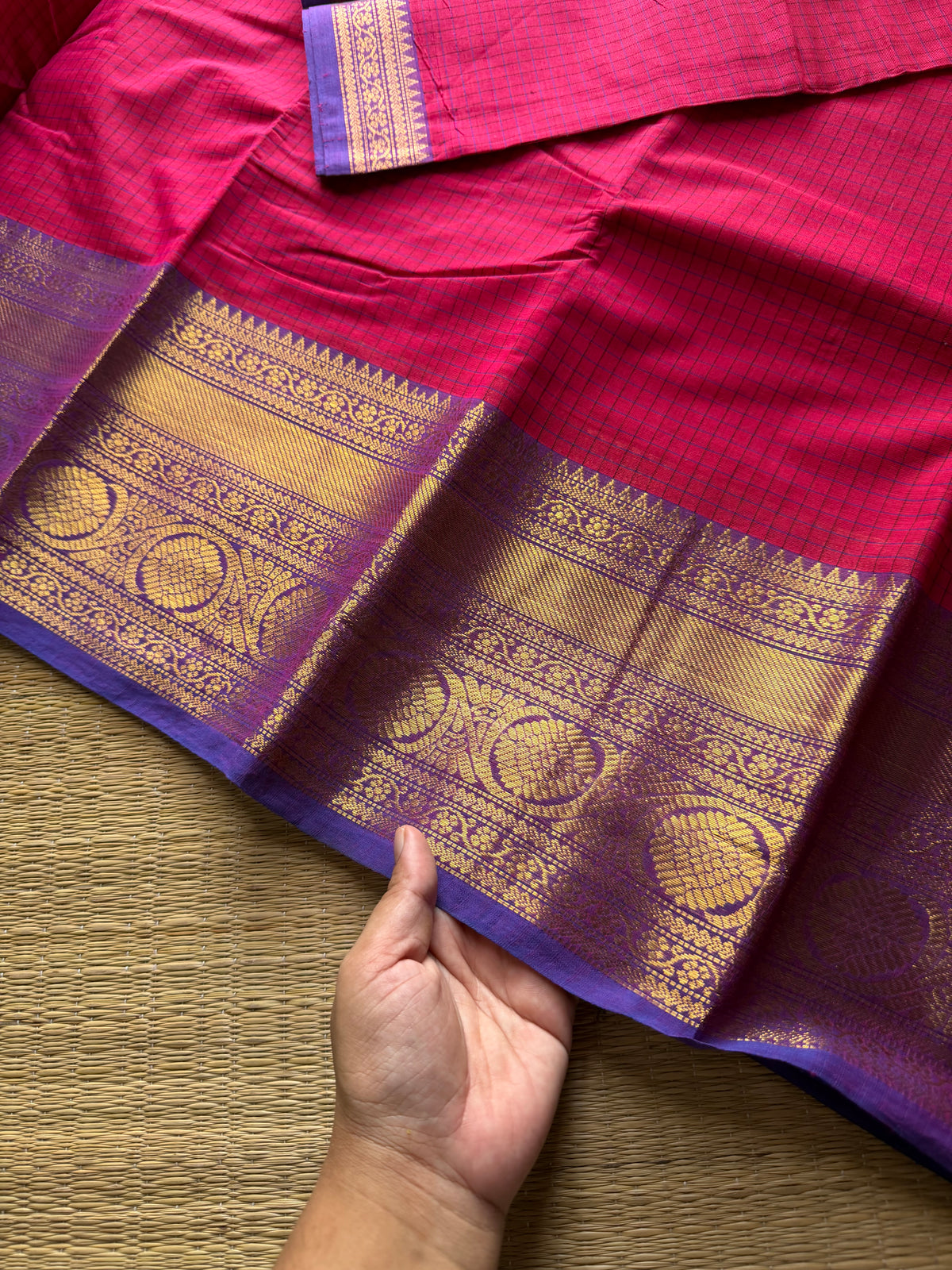 RF722 Dark pink shade kanchi cotton saree with checks / Kattam pattern