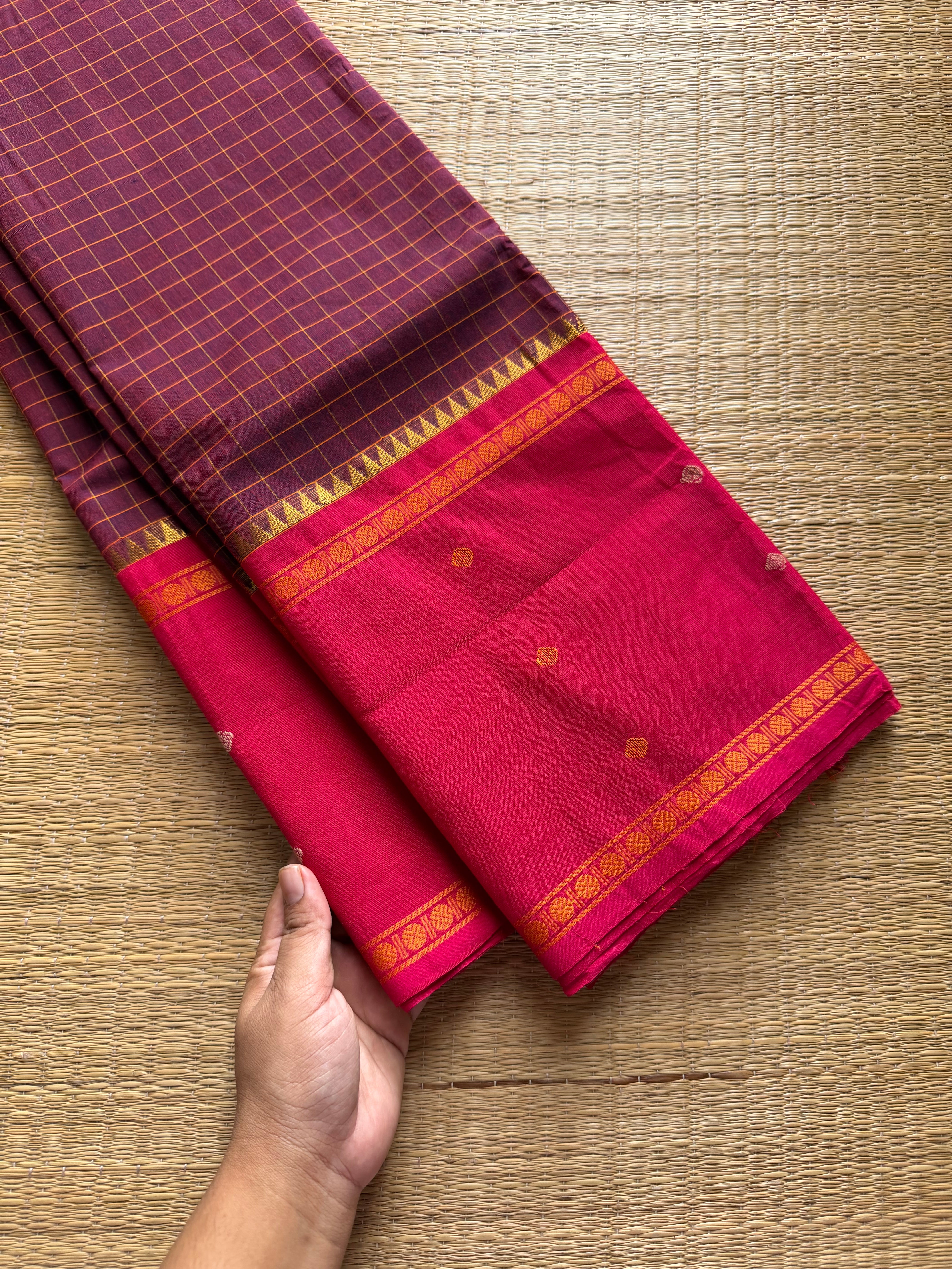 Maroon shade Vintage Border Kanchi Cotton Saree With kattam / checks pattern & handwoven Buttas on the border