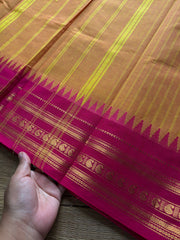 RF755 Mango shade Kanchi cotton saree with vertical stripped pattern & mango Zari border
