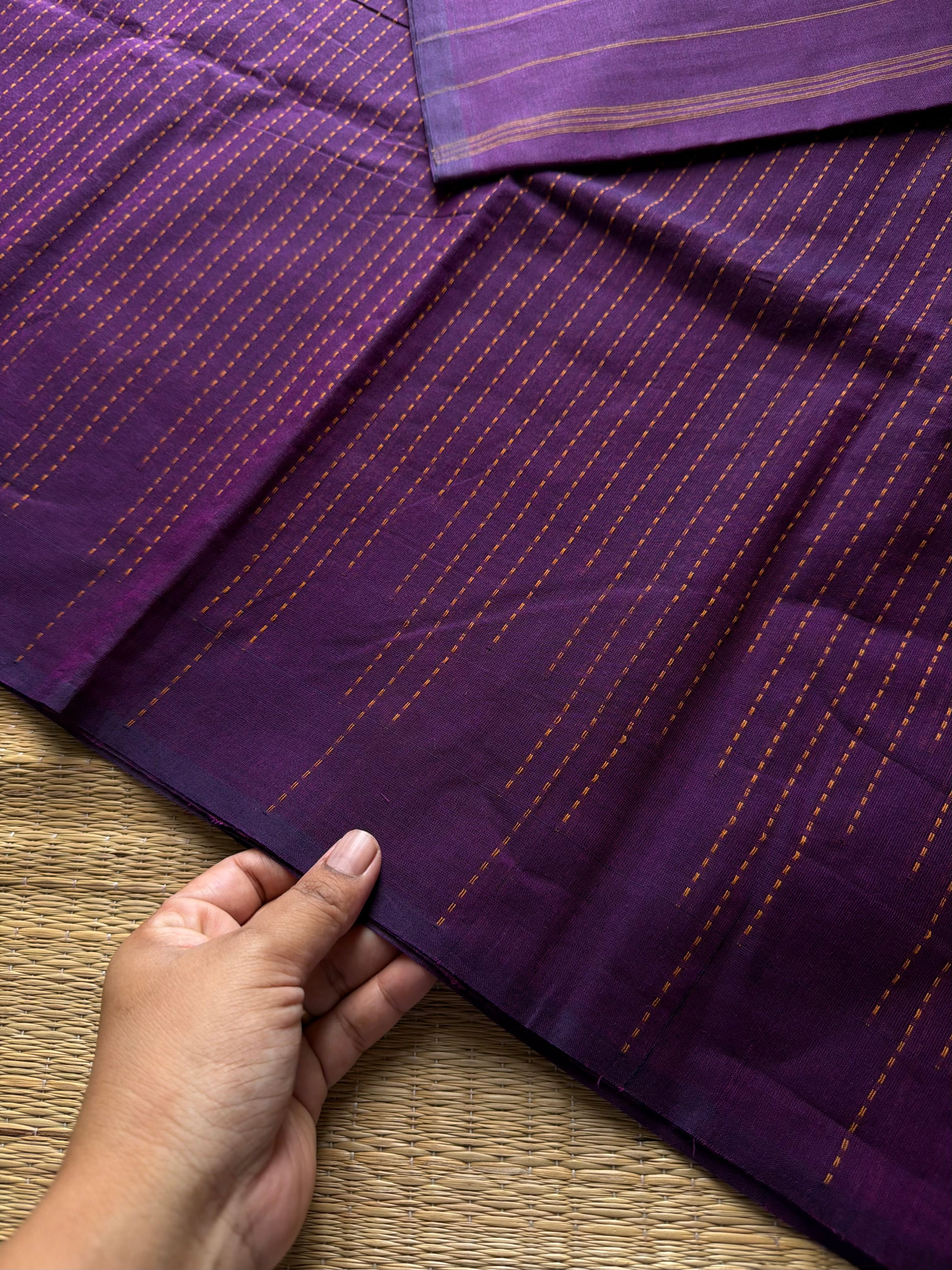 RF957 Purple ~ Soft Kanchi Cotton Saree with fully vertical thread lines Vairaoosi pattern