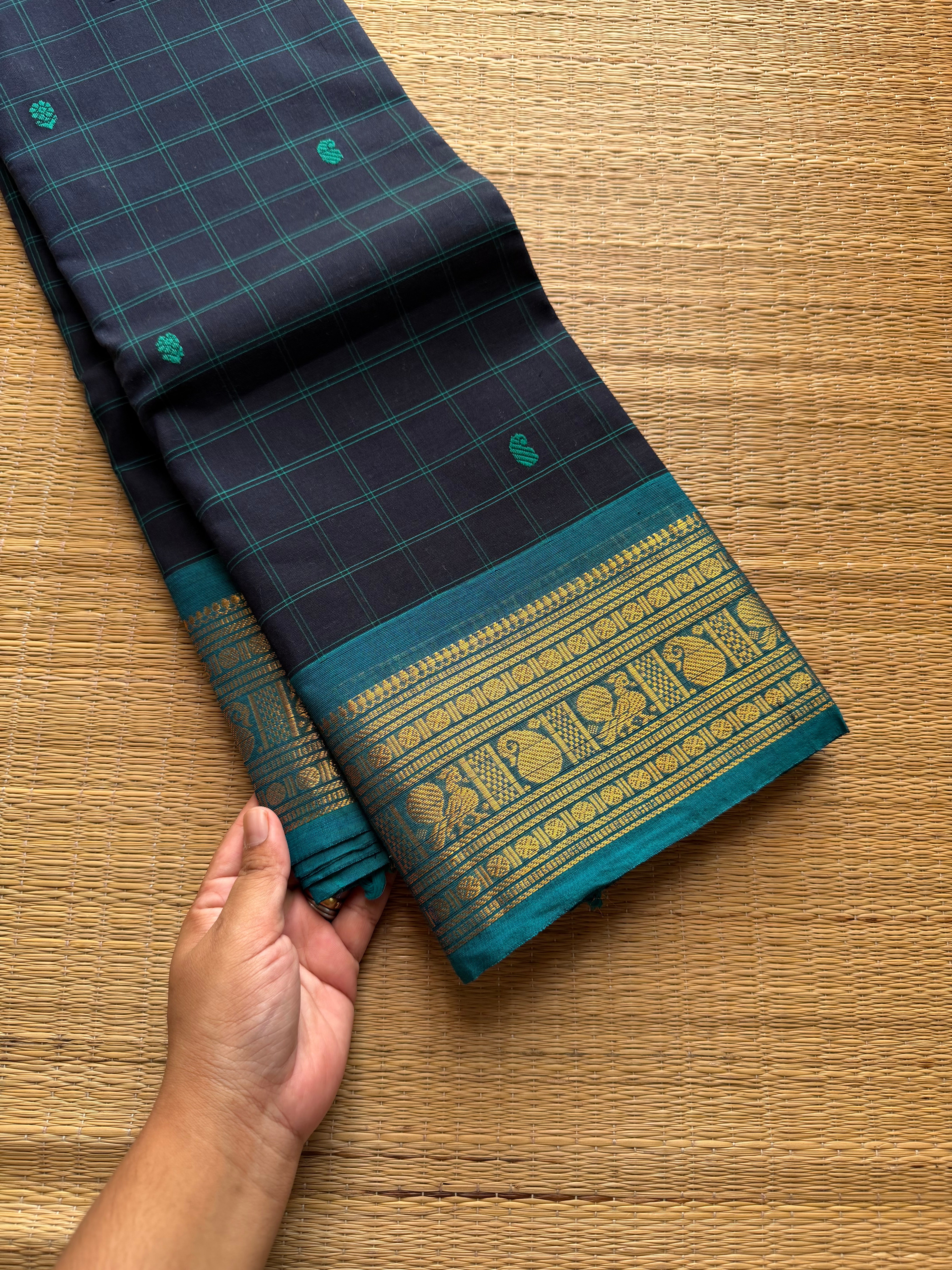 RF718 Kattam Edition ~ Navy blue with sky blue combination checks pattern Kanchi cotton saree with handmade thread buttas