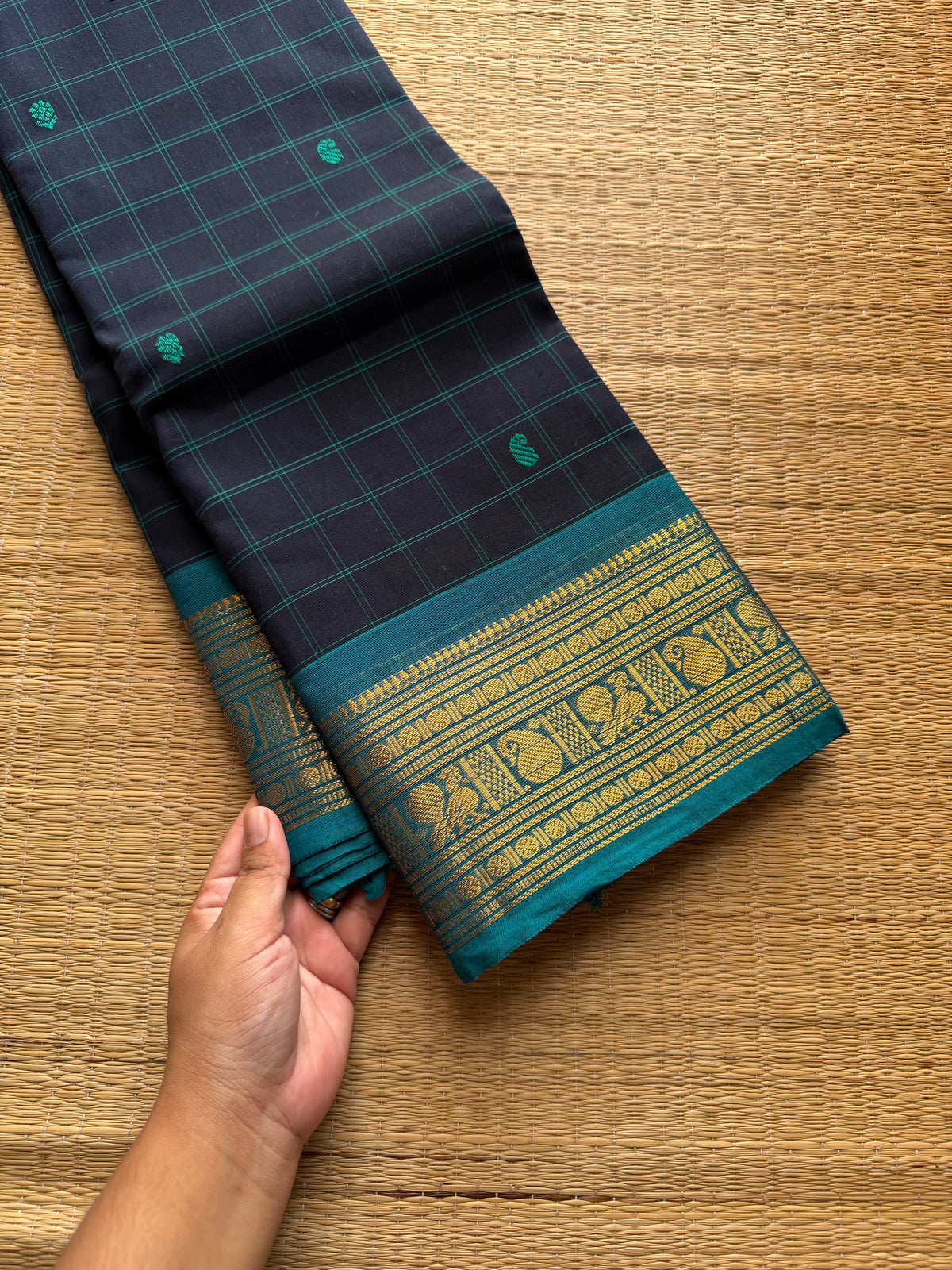 RF718 Kattam Edition ~ Navy blue with sky blue combination checks pattern Kanchi cotton saree with handmade thread buttas