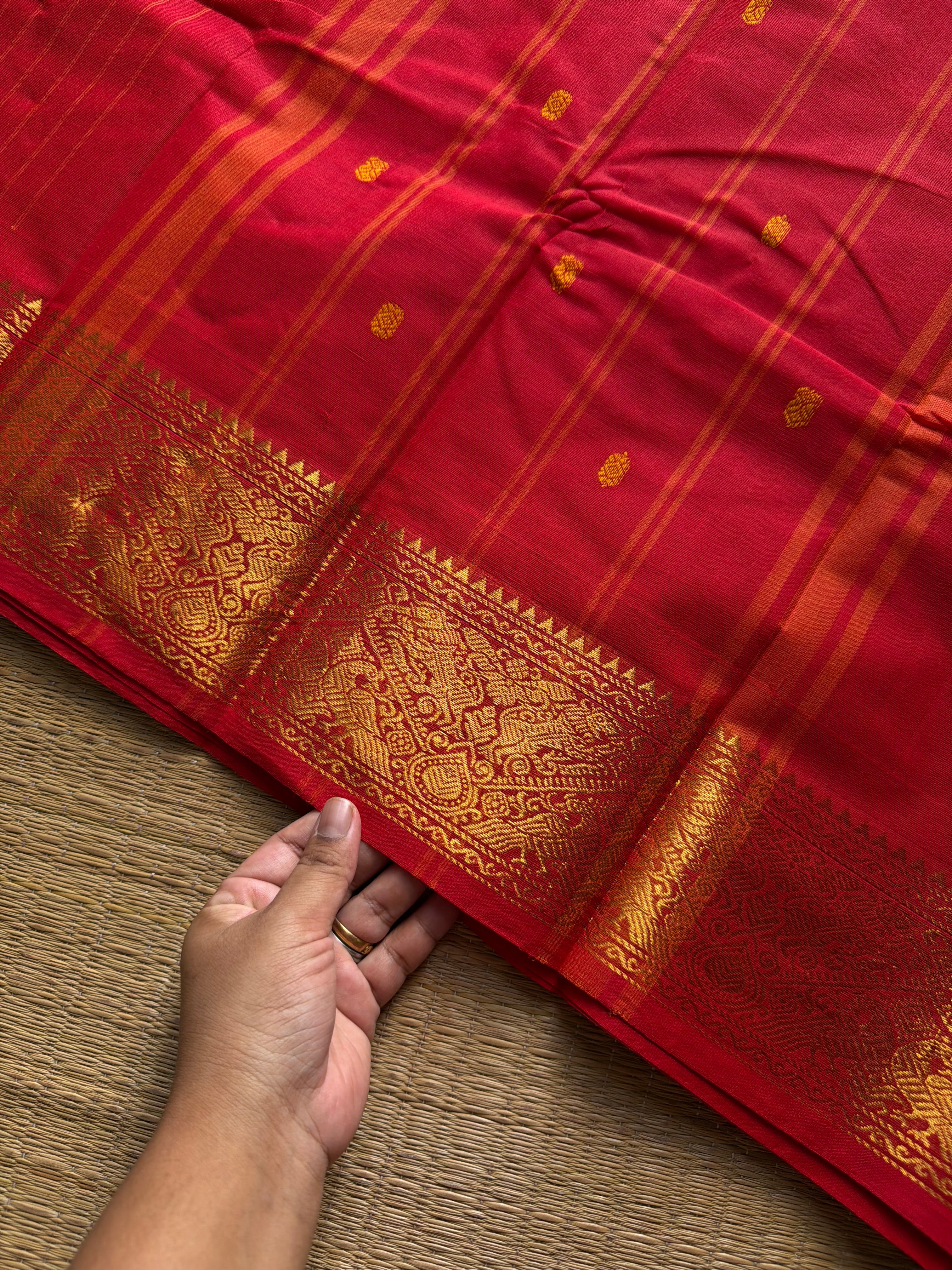 RF1405 Red ~ Vanasingaram border Kanchi cotton saree with handmade thread buttas