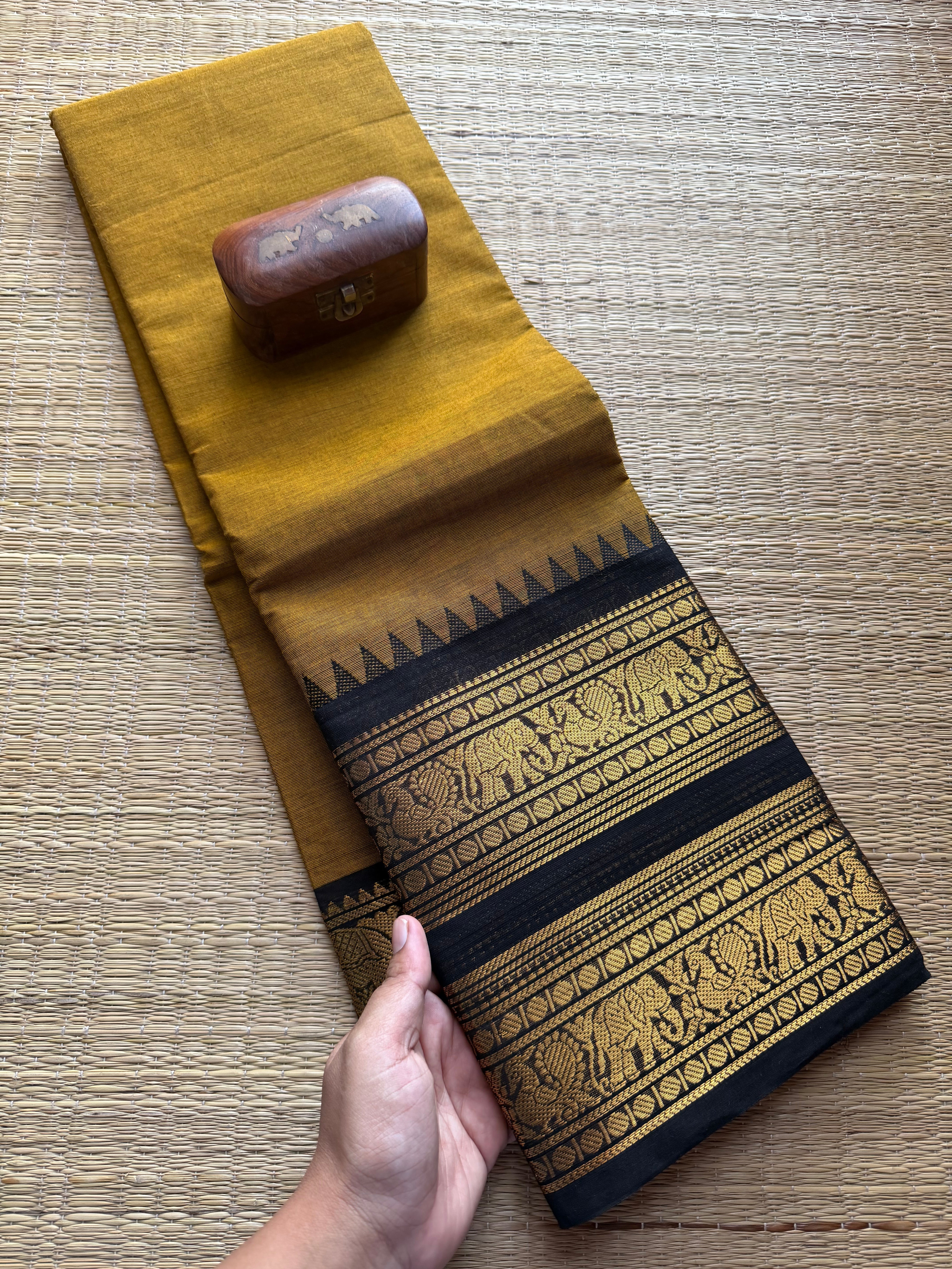 RF345 Mustard with black Retta Patta border Kanchi cotton saree