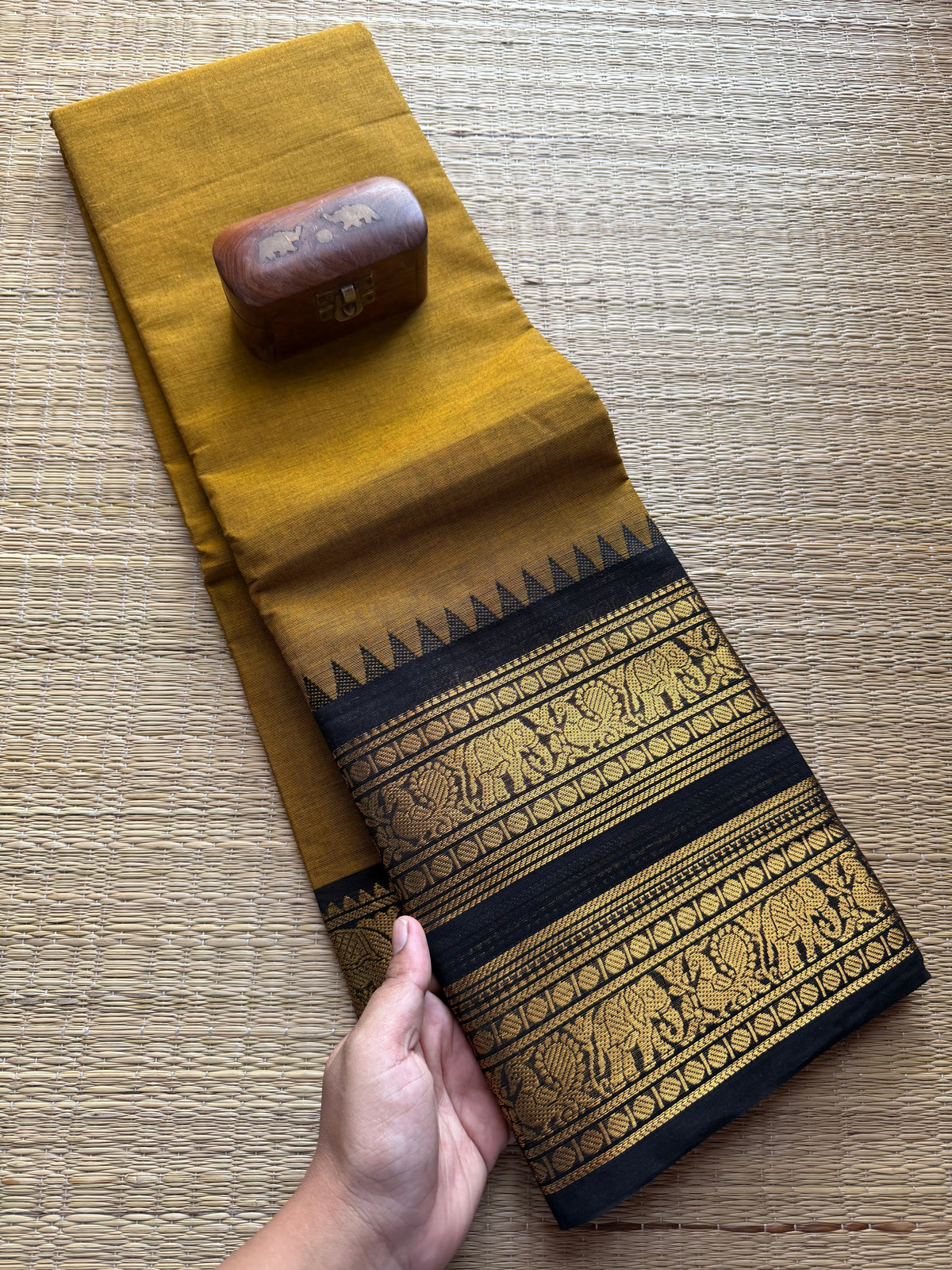 RF345 Mustard with black Retta Patta border Kanchi cotton saree