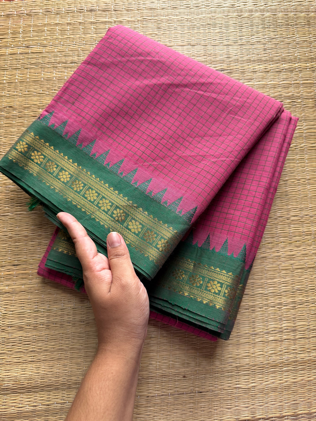 RF270 Light Pink with green combination Podi Kattam Kanchi cotton saree with small border