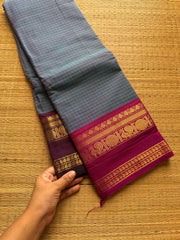 RF621 Ganga Jamuna Border Checks Pattern Kanchi Cotton Saree ~ Dual tone blue
