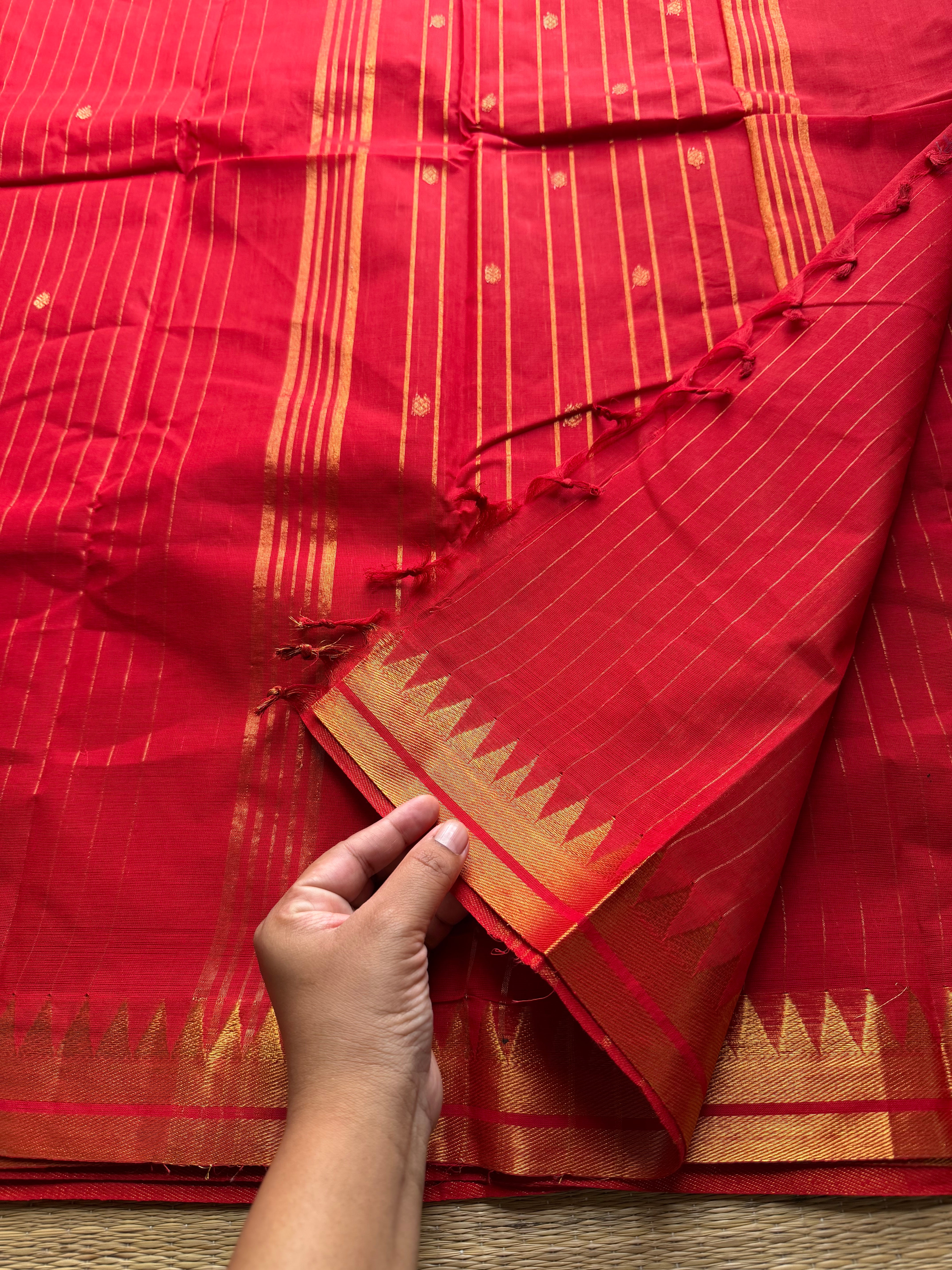 RF43 Classic Monotone Bright Chilli Red Vaira Oosi Pattern Kanchi Cotton Saree small Premium Golden Zari Border - RF43