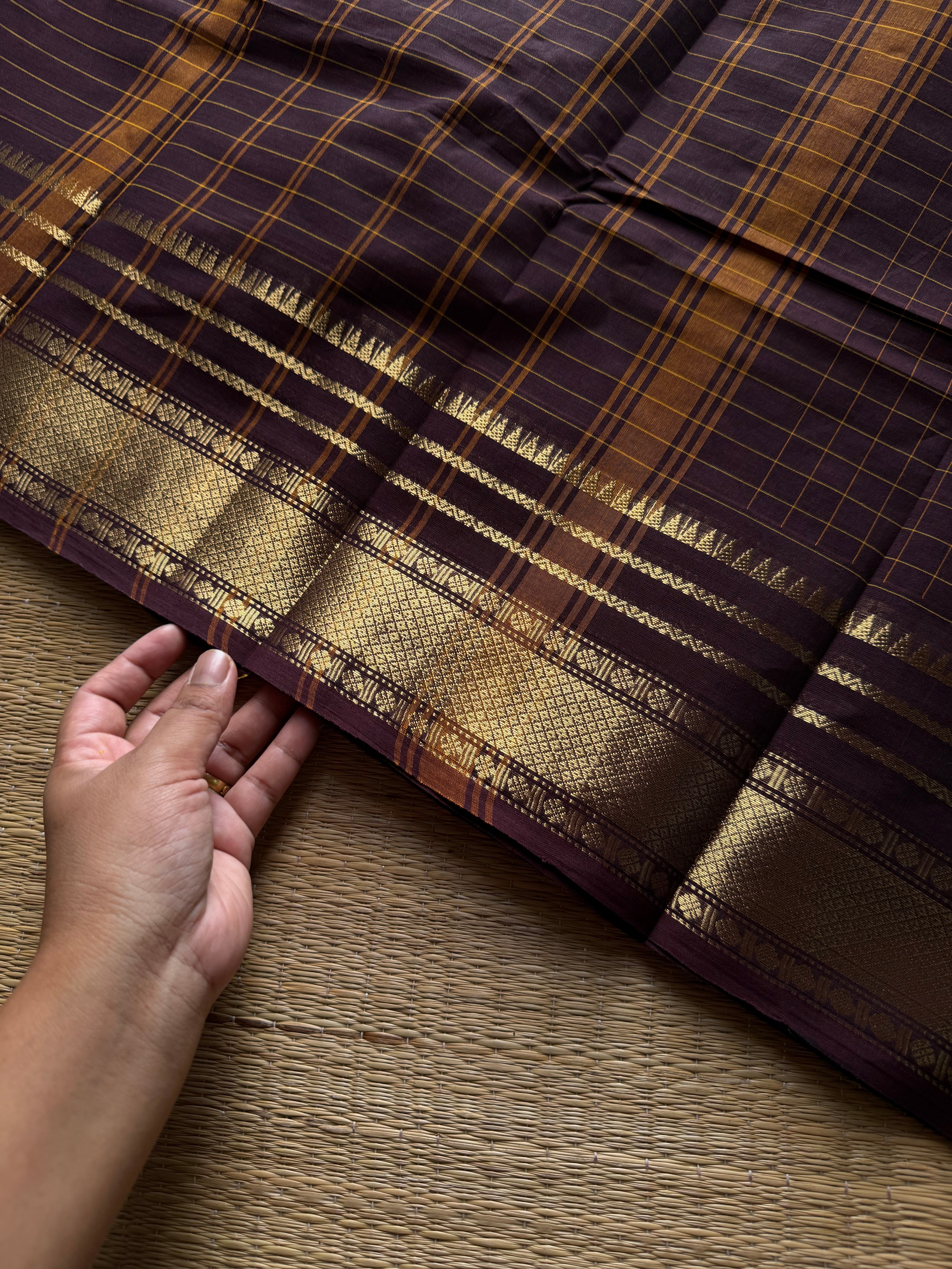 RF1166 Deep Coffee Brown ~ Premium Kanchi Cotton Kattam / Checks Edition