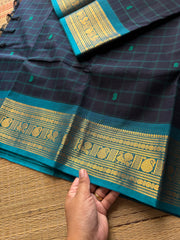 RF718 Kattam Edition ~ Navy blue with sky blue combination checks pattern Kanchi cotton saree with handmade thread buttas