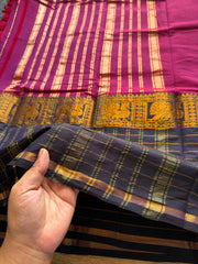 RF617 Magenta pink with blue combination Narayanpet big / long border cotton saree