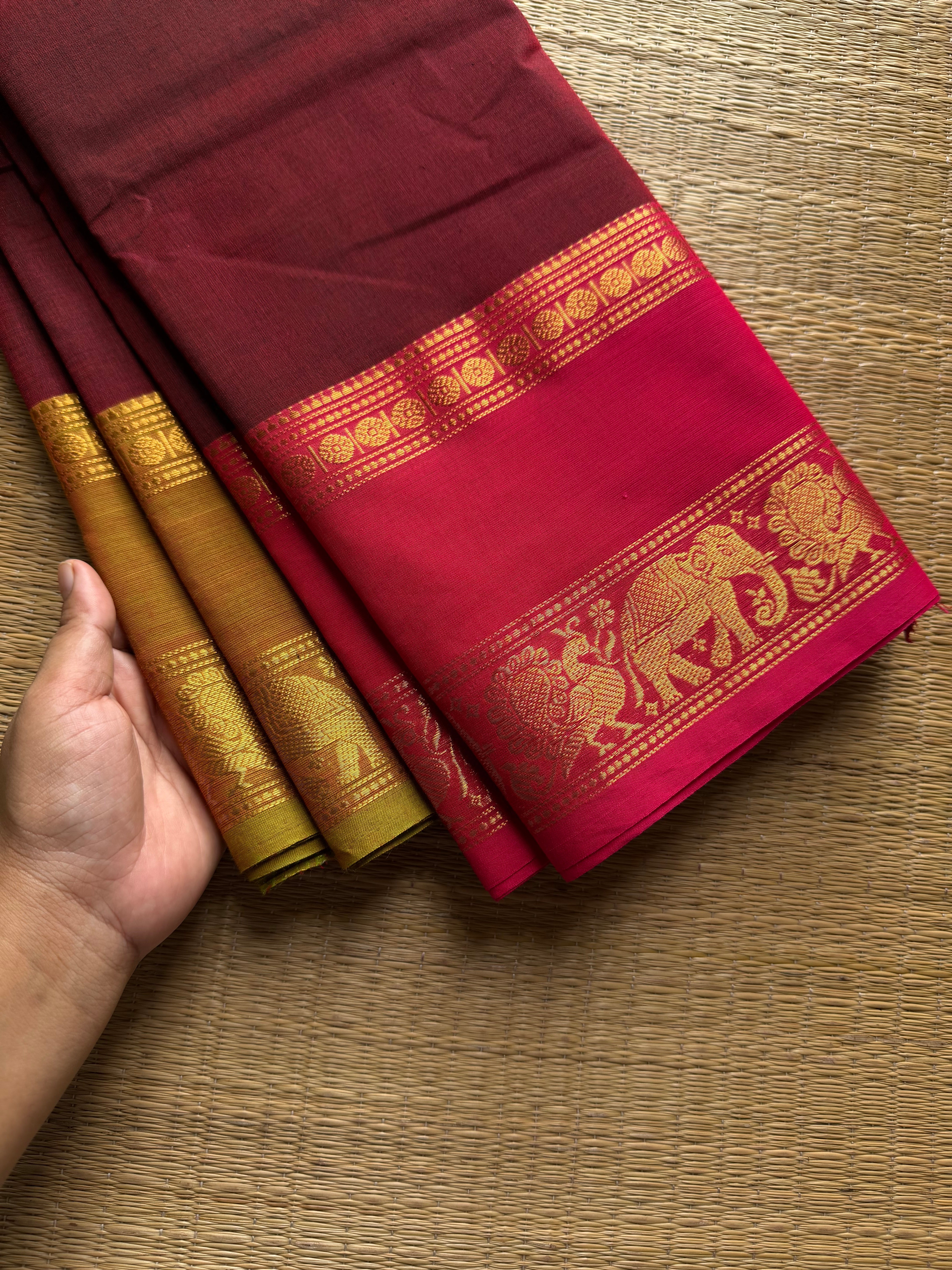 RF1224 Dual tone arakku shade Kanchi cotton saree with Ganga Jamuna border
