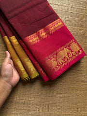 RF1224 Dual tone arakku shade Kanchi cotton saree with Ganga Jamuna border