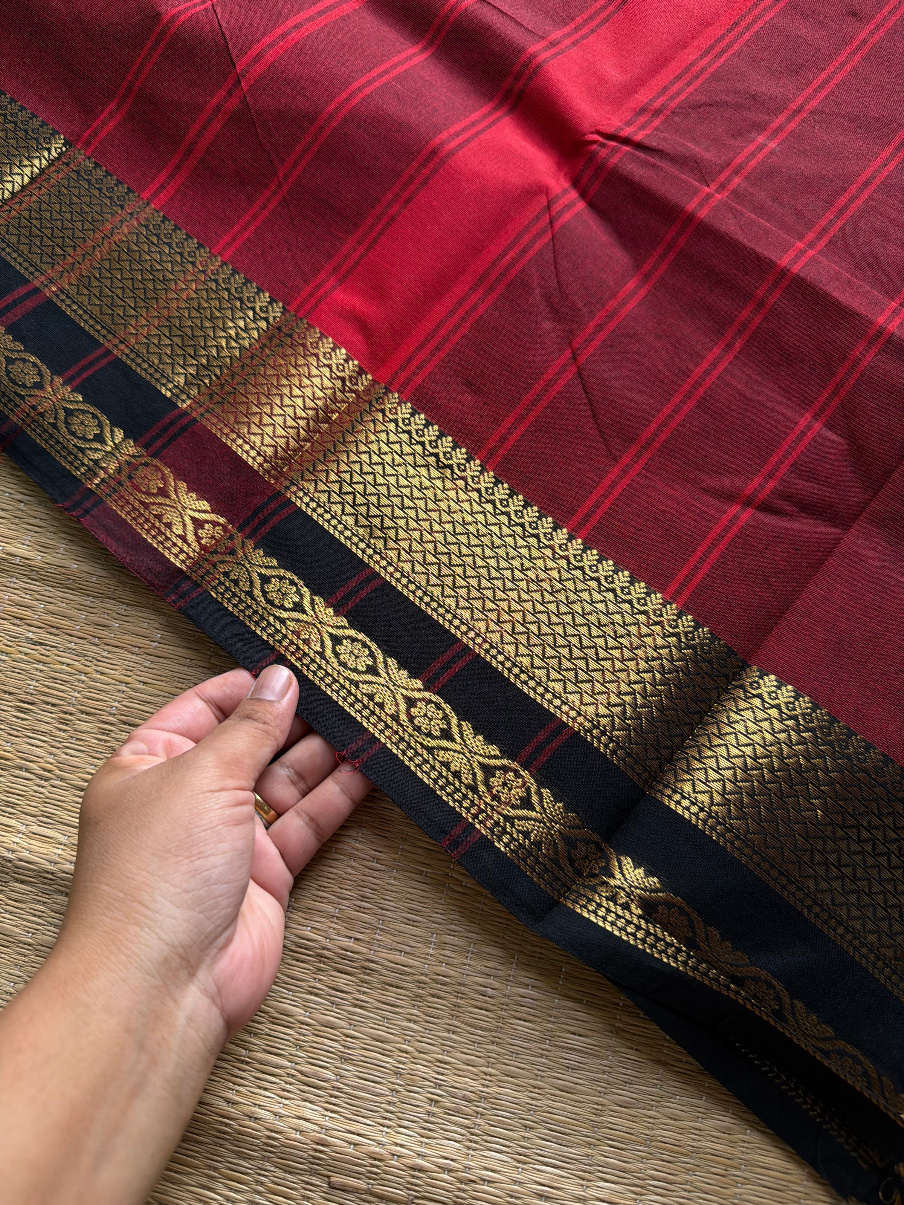 RF1150 Reddish maroon with black combination Kanchi cotton saree with medium size border