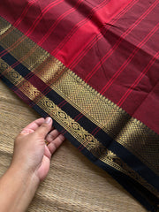 RF1150 Reddish maroon with black combination Kanchi cotton saree with medium size border
