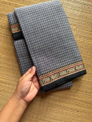 Grey Mercerised Narayanpet cotton saree with small border & Kattam / checks pattern saree