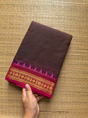 RF437 Brown shade Podikattam Kanchi cotton saree with contrast pink small zari border