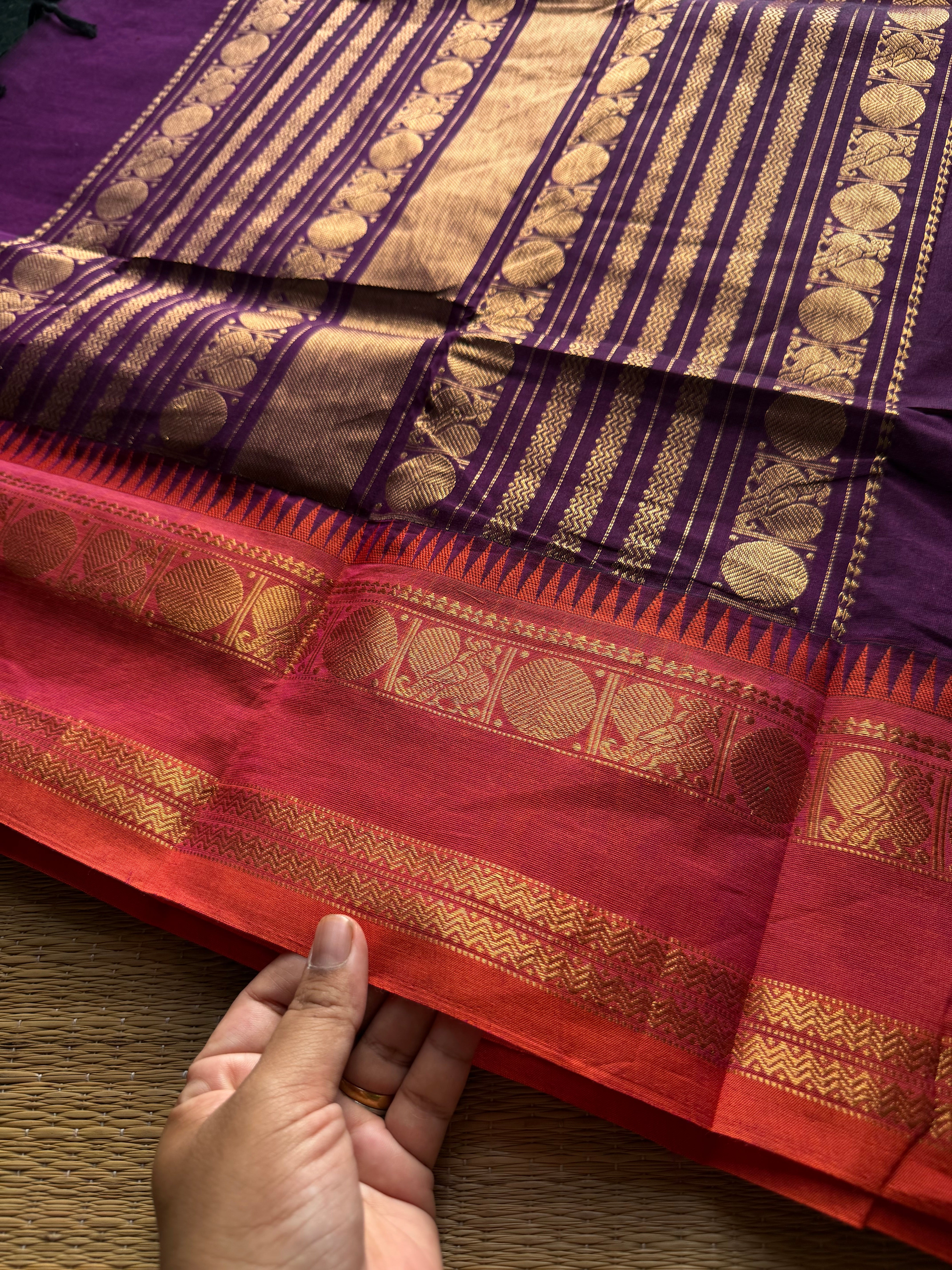 RF1393 Purple ~ Premium Rich Pallu Kanchi cotton saree with Annam pattern gap border