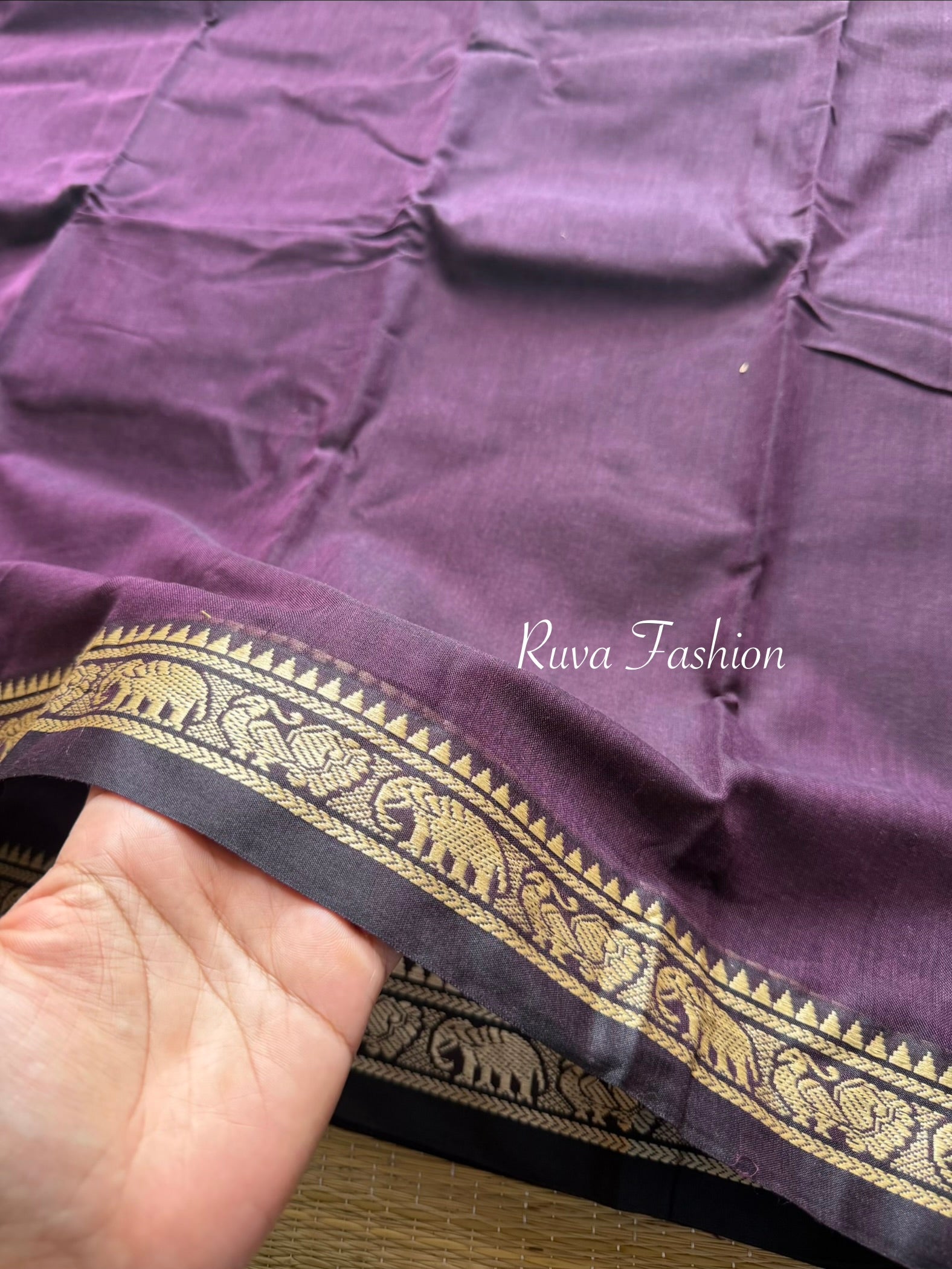 RF99 Dark Wine Shade Mercerised Narayanpet Cotton Saree With Small Border